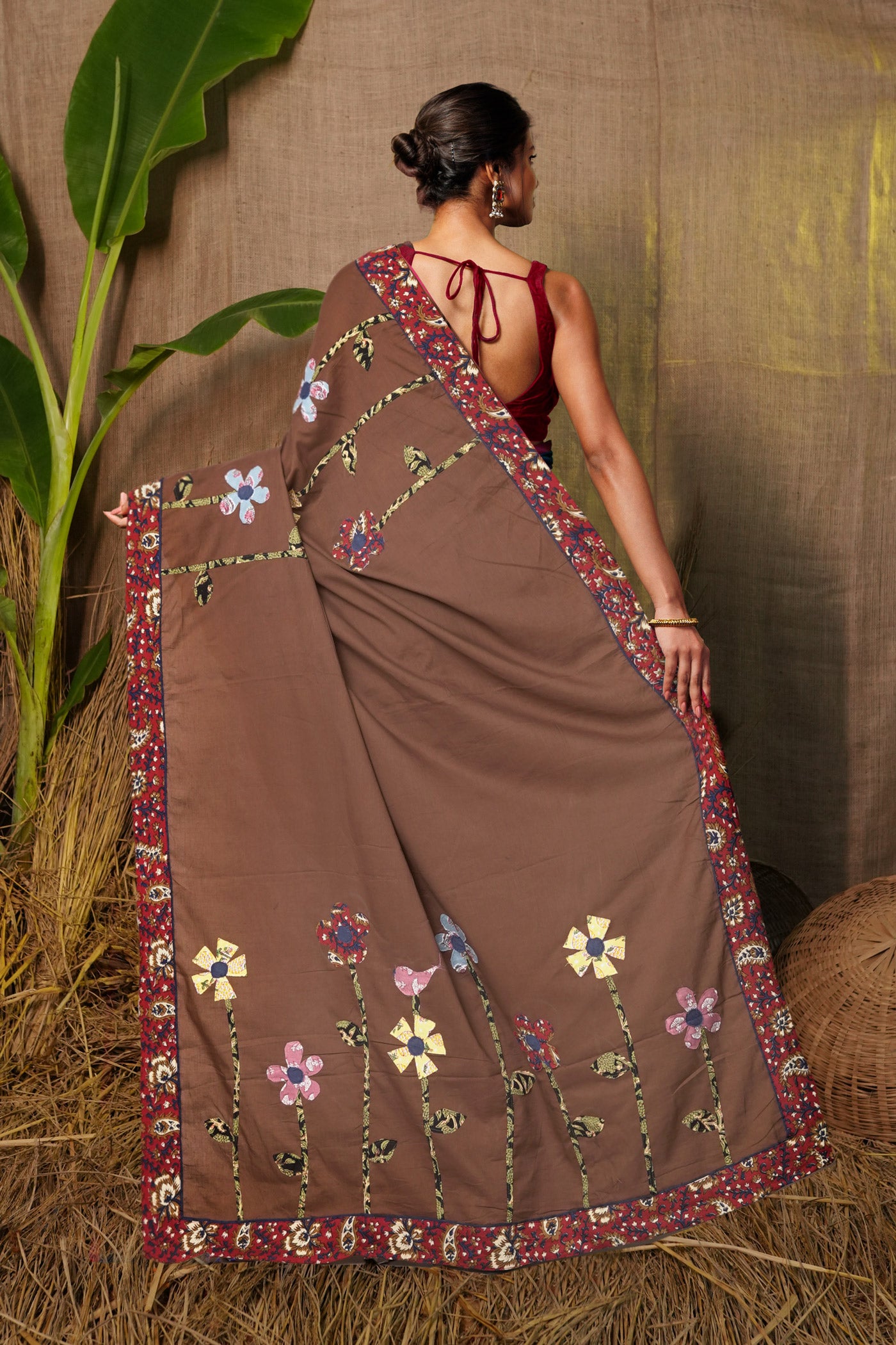 Brown Pure Applique Work Mulmul Cotton Saree-UNM81725