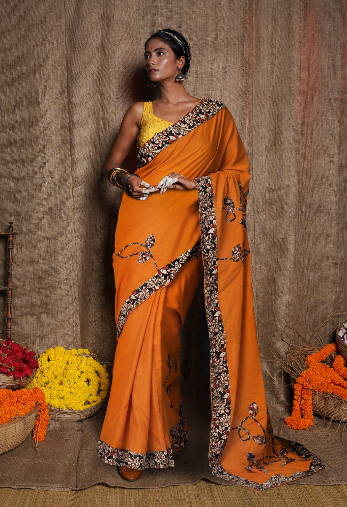 Yellow Pure Applique Work Mulmul Cotton Saree-UNM81727