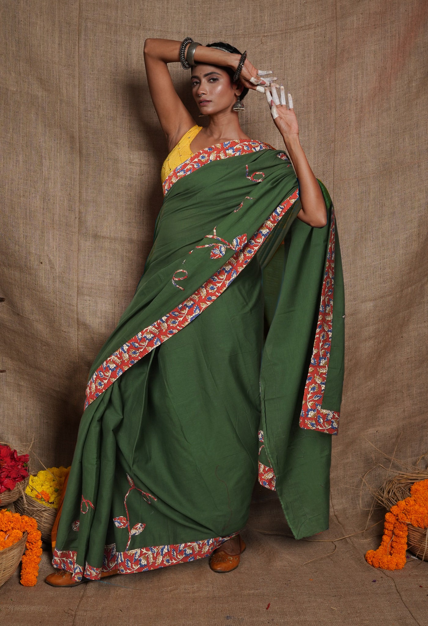 Green Pure Applique Work Mulmul Cotton Saree-UNM81728