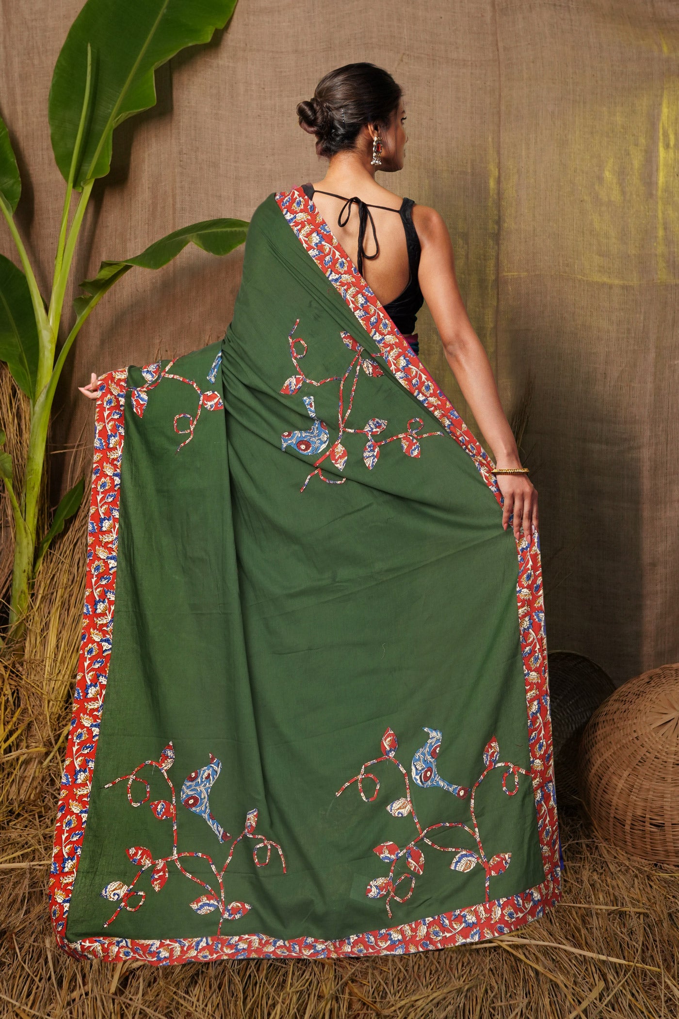 Green Pure Applique Work Mulmul Cotton Saree-UNM81728