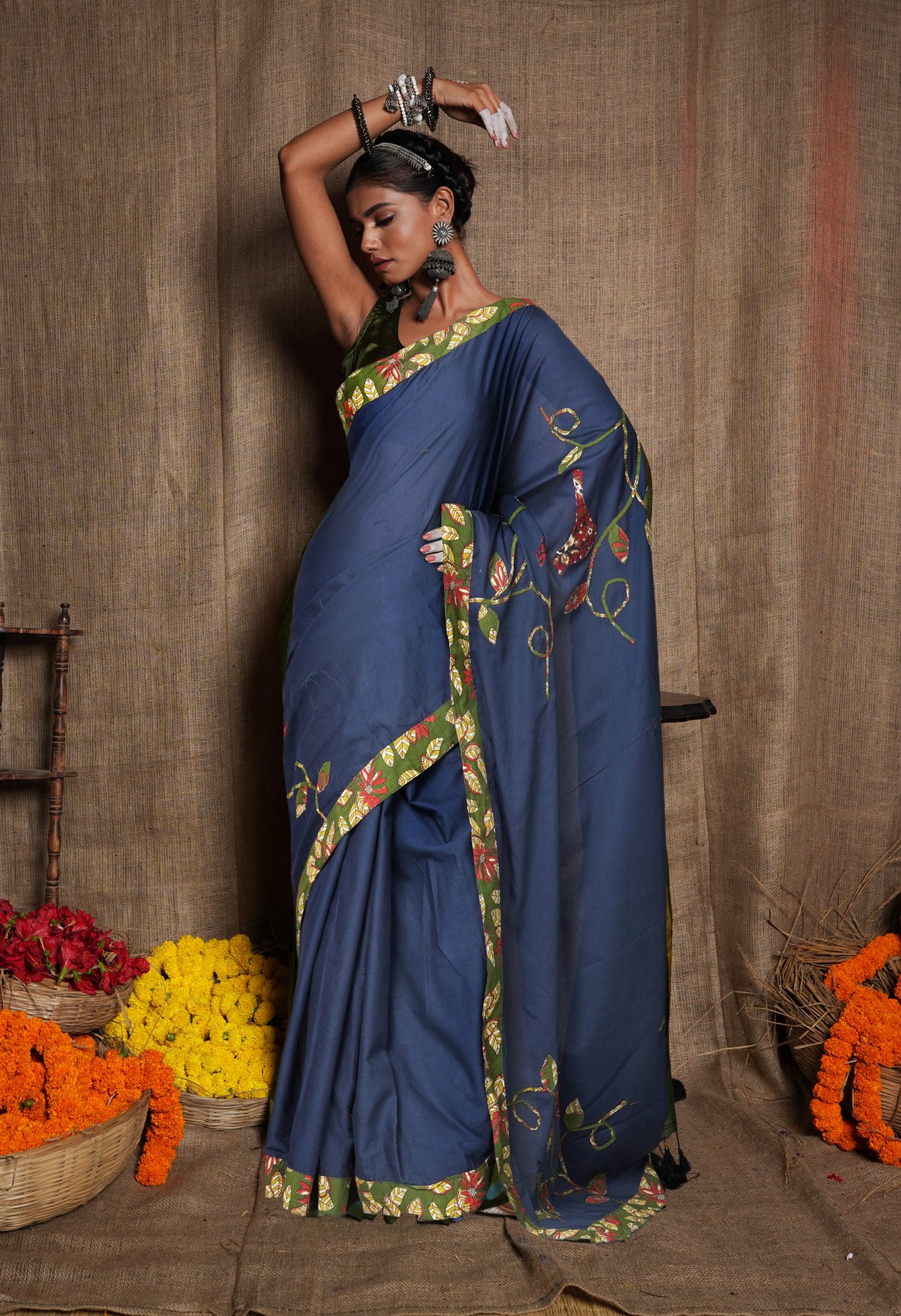 Navy Blue Pure Applique Work Mulmul Cotton Saree-UNM81729