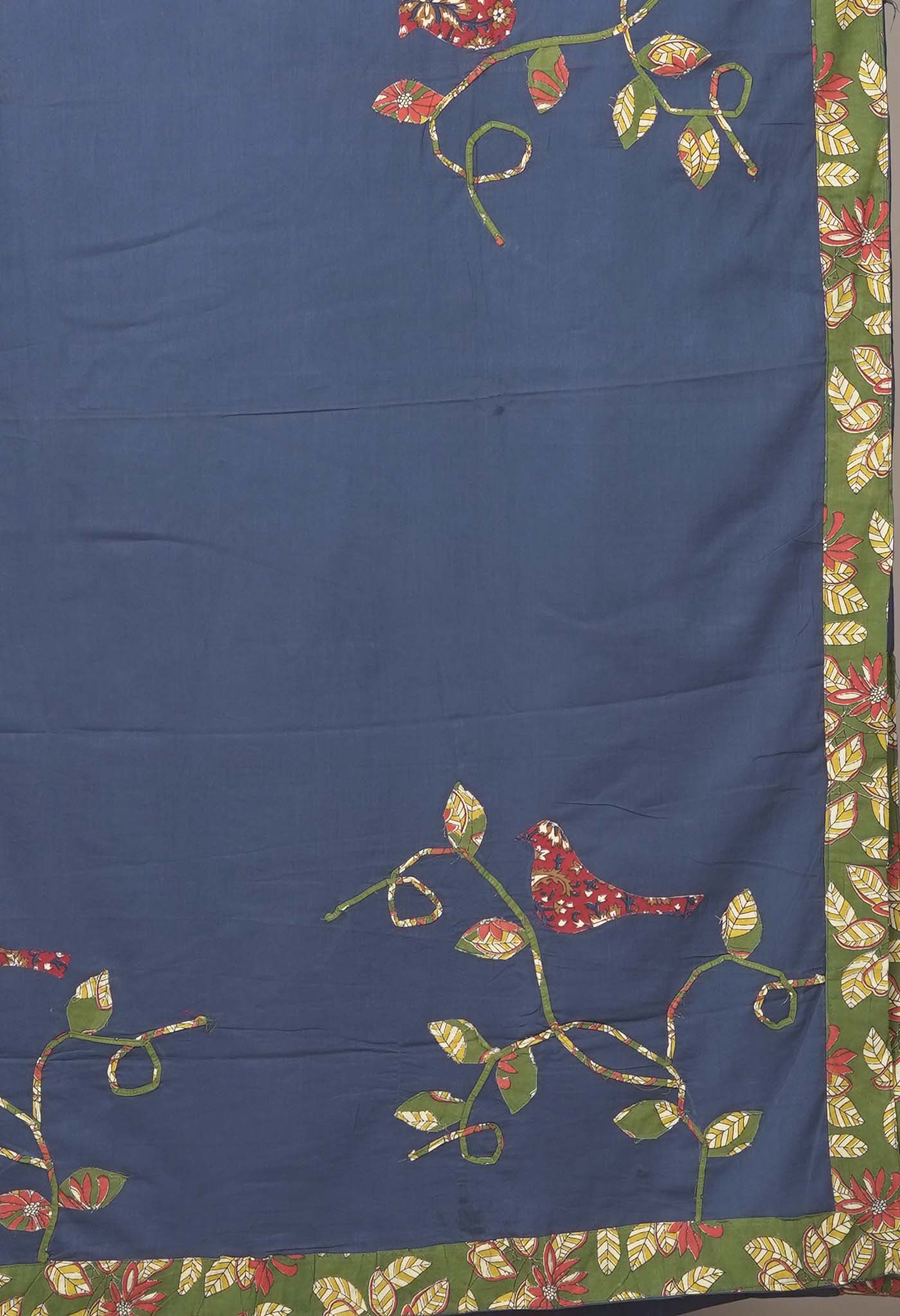 Navy Blue Pure Applique Work Mulmul Cotton Saree-UNM81729