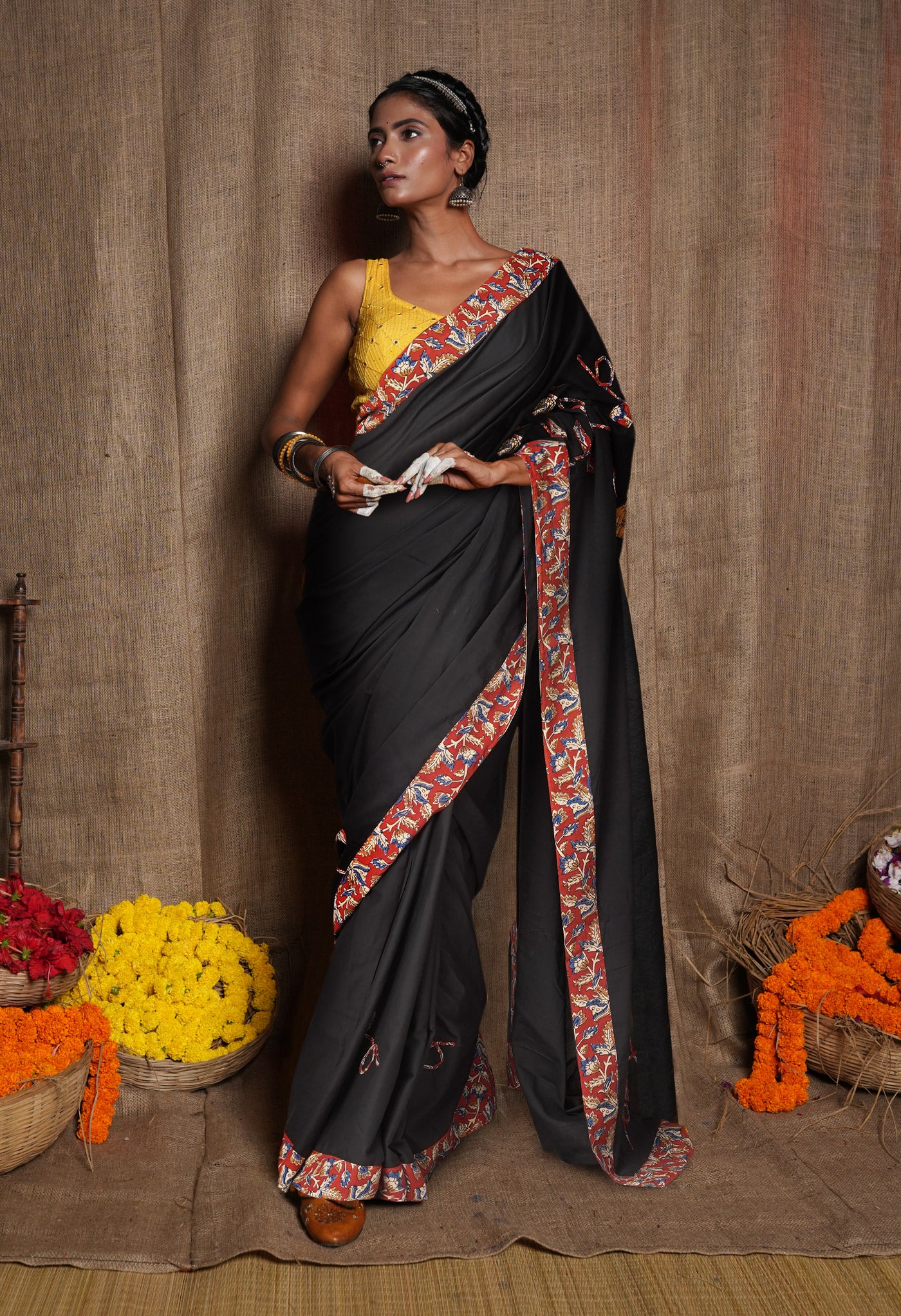 Black Pure Applique Work Mulmul Cotton Saree-UNM81732