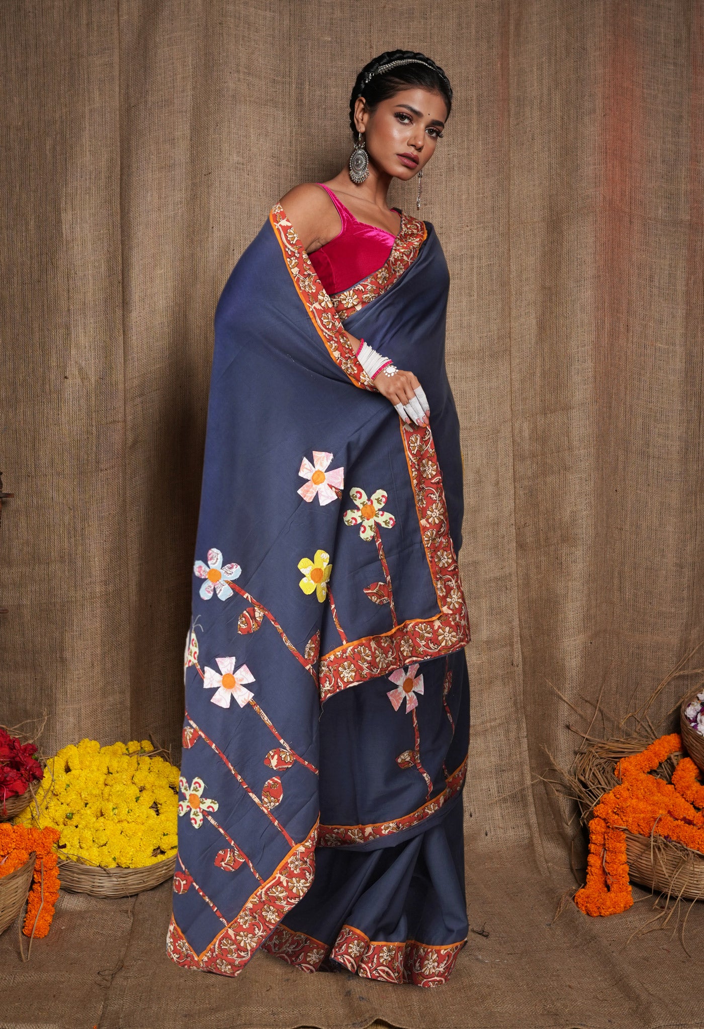 Navy Blue Pure Applique Work Mulmul Cotton Saree-UNM81733