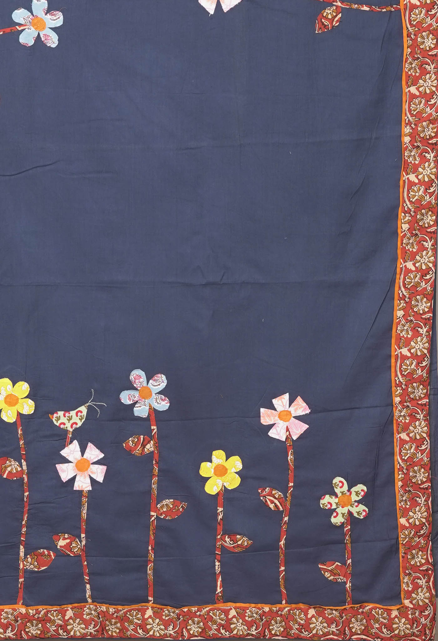 Navy Blue Pure Applique Work Mulmul Cotton Saree-UNM81733