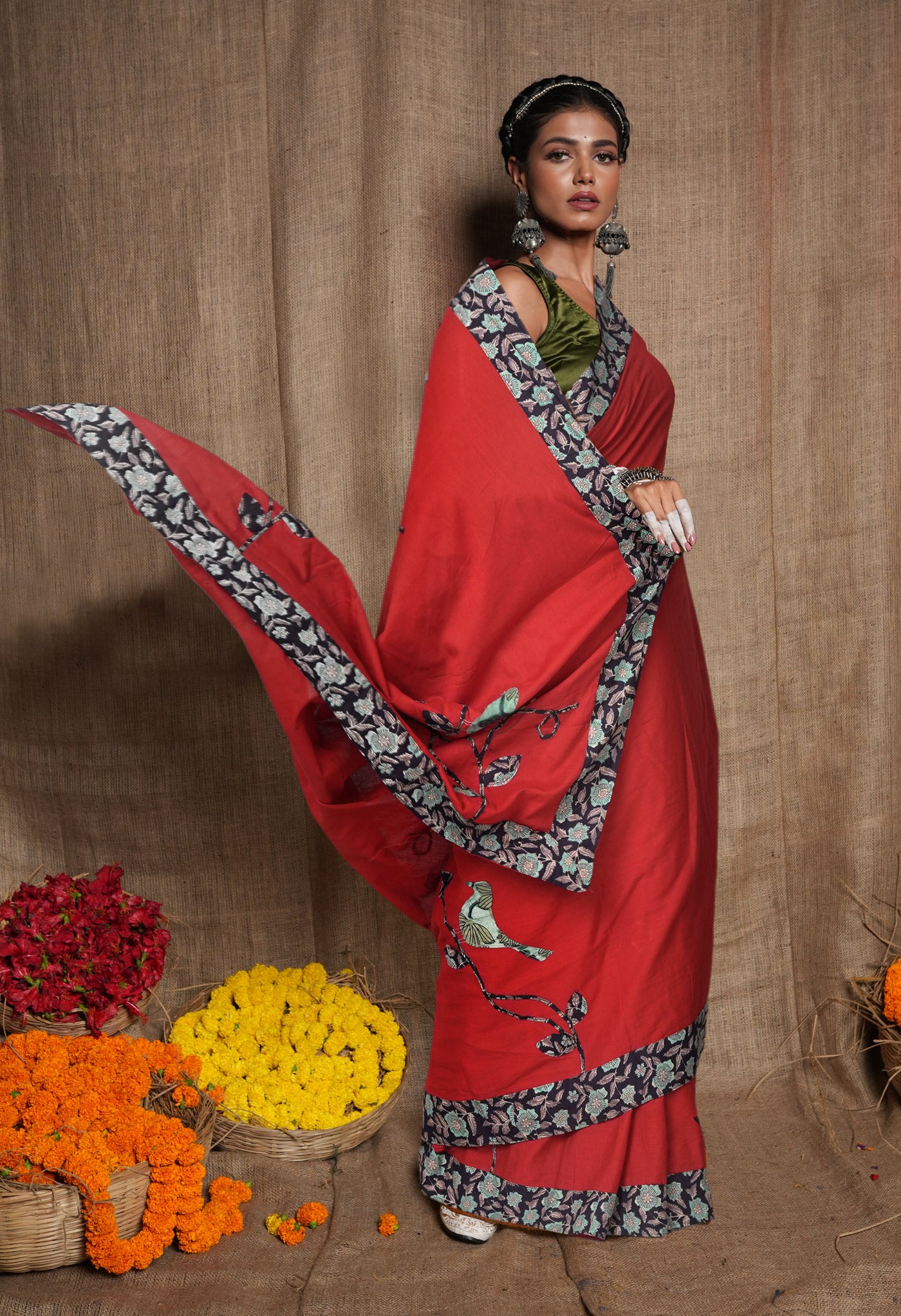 Red Pure Applique Work Mulmul Cotton Saree-UNM81735