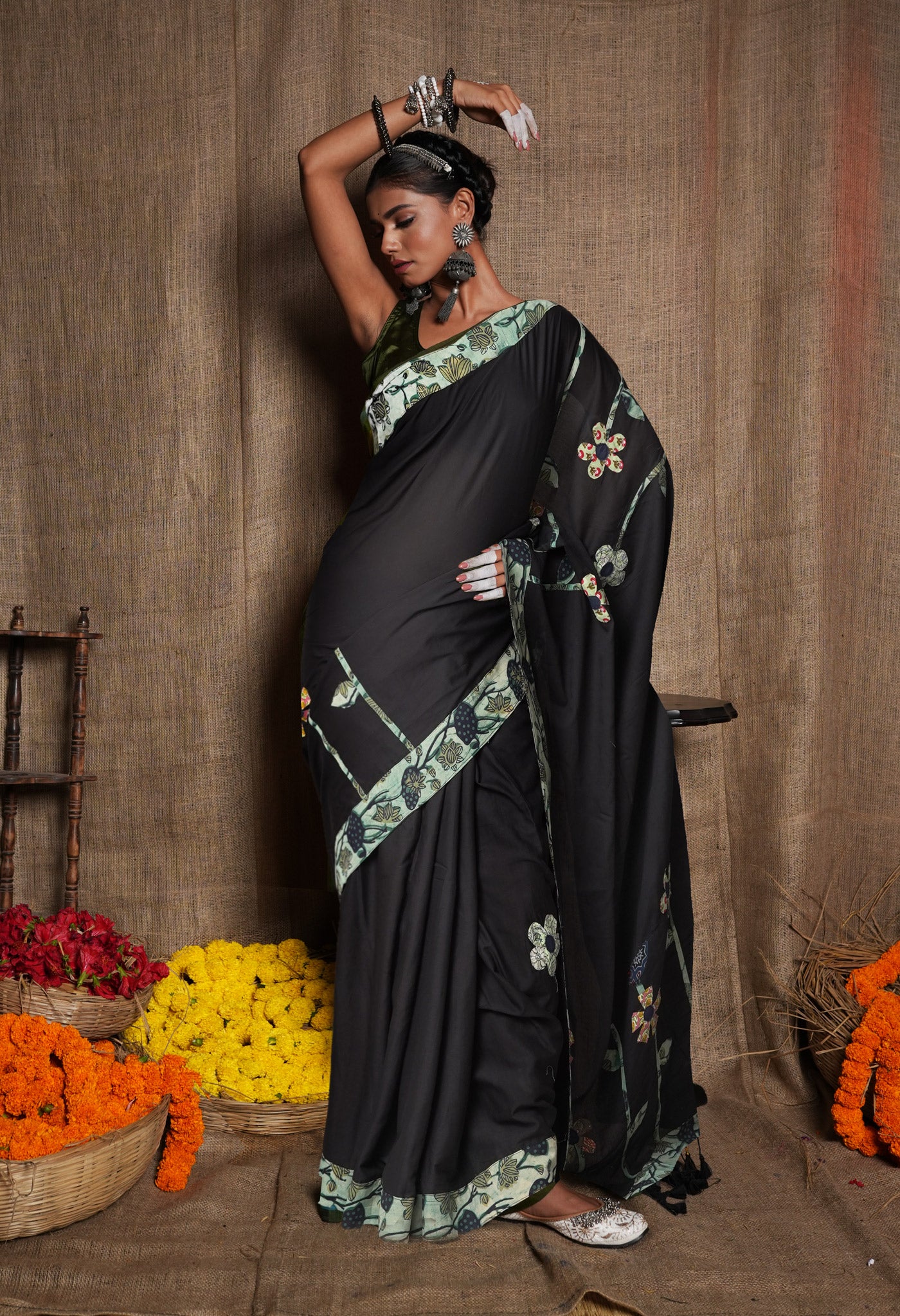 Black Pure Applique Work Mulmul Cotton Saree-UNM81737