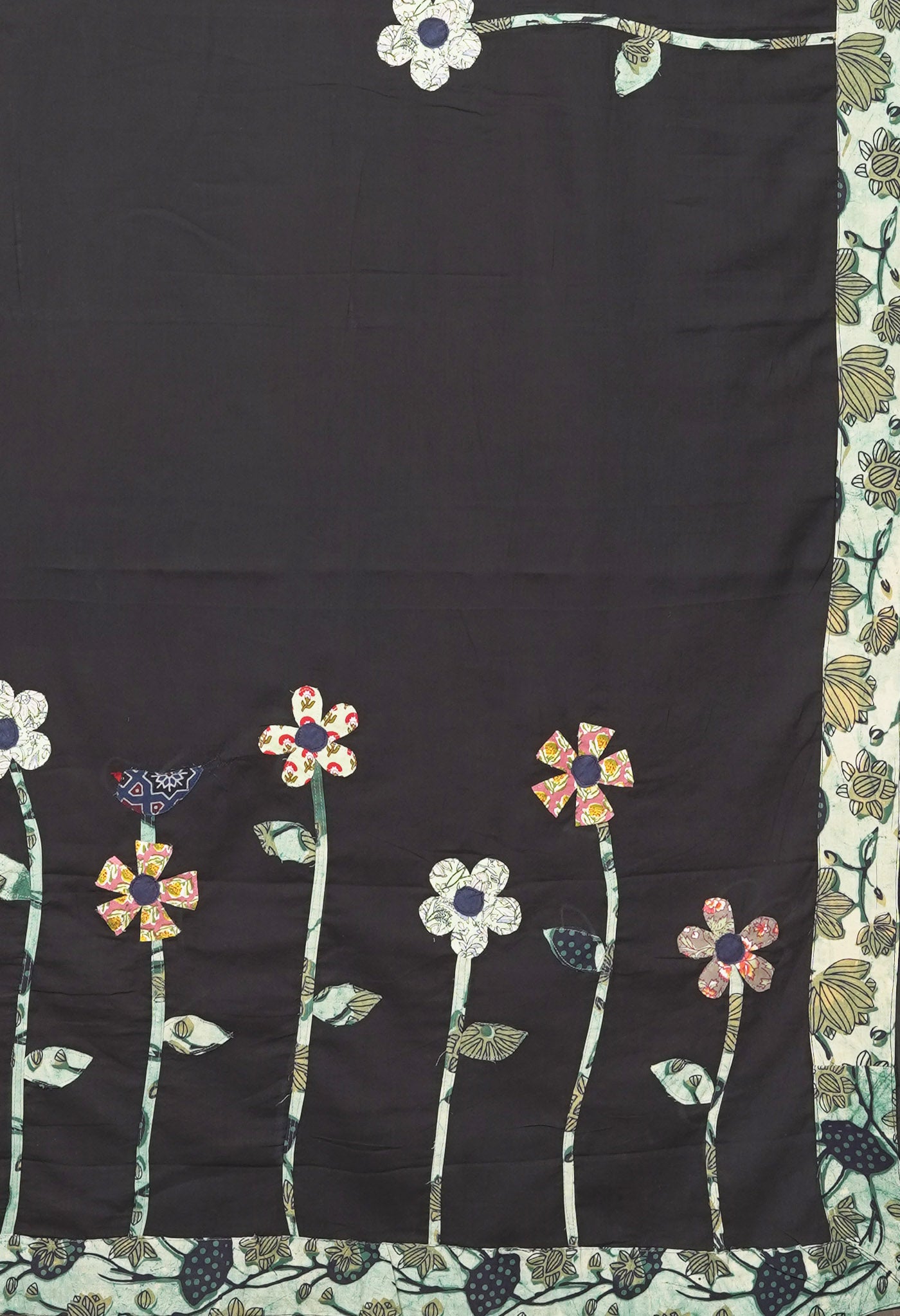 Black Pure Applique Work Mulmul Cotton Saree-UNM81737