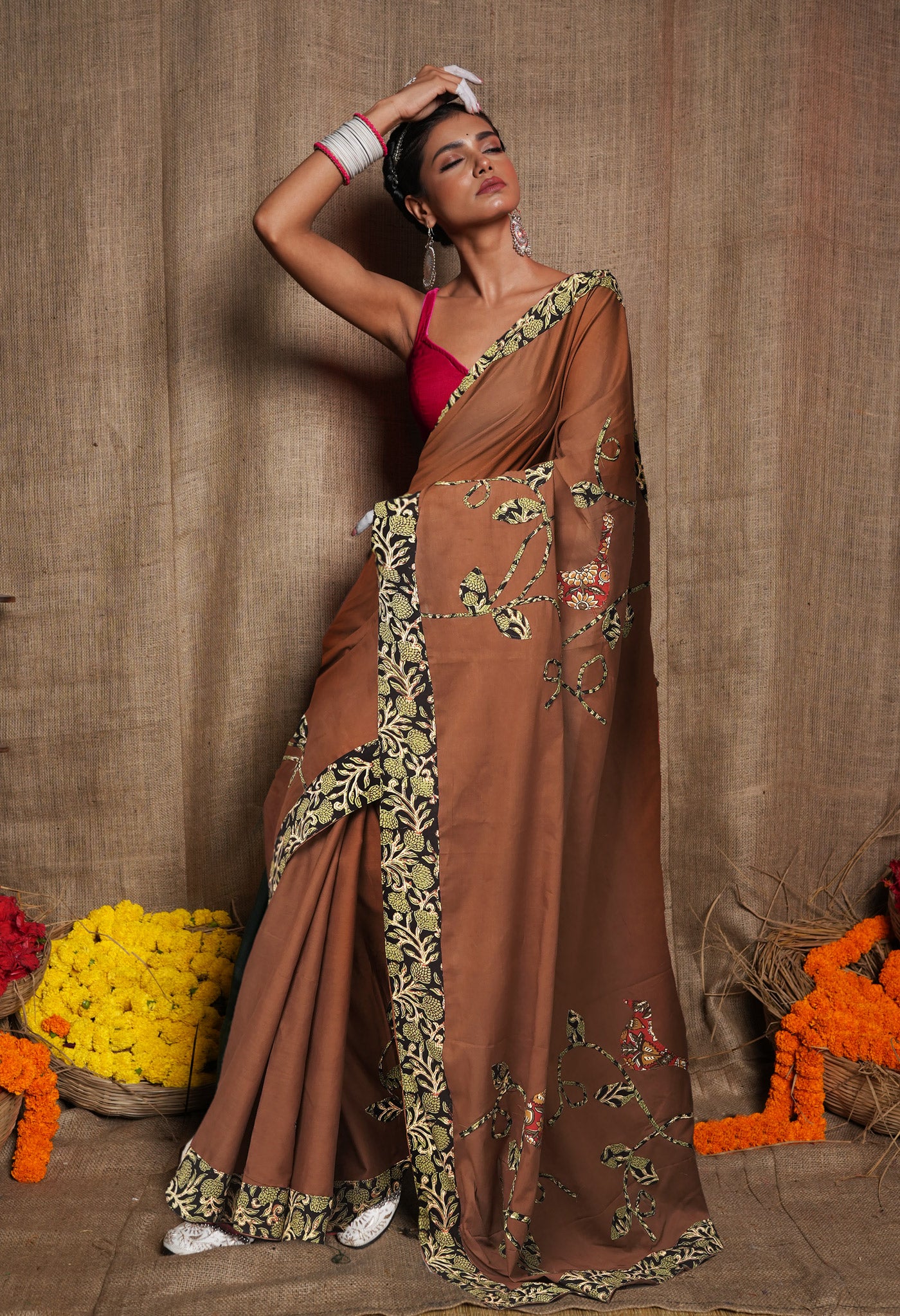 Brown Pure Applique Work Mulmul Cotton Saree-UNM81738