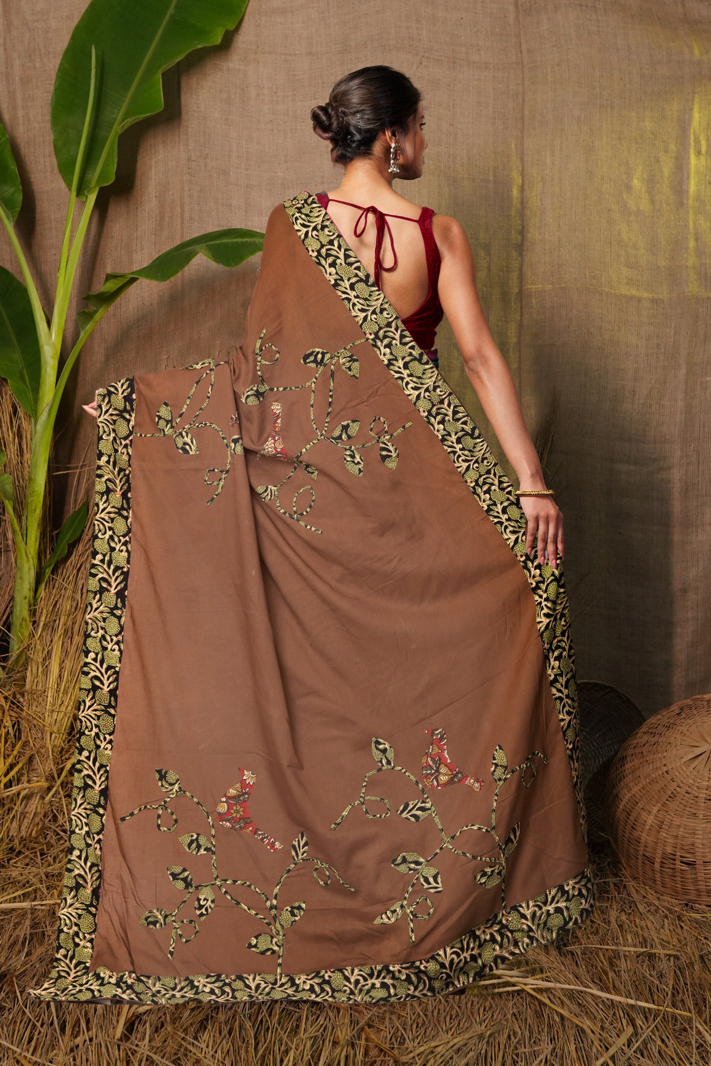 Brown Pure Applique Work Mulmul Cotton Saree-UNM81738