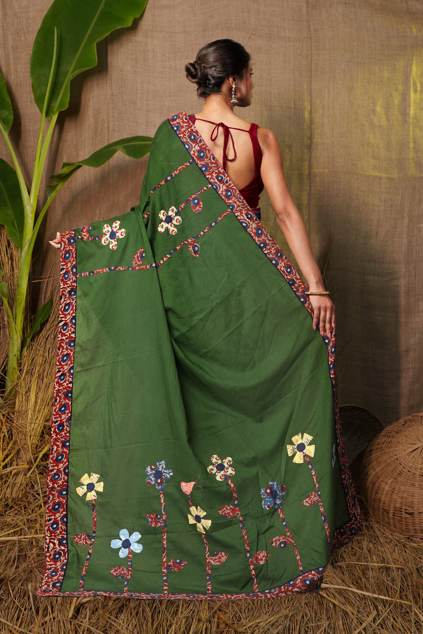 Green Pure Applique Work Mulmul Cotton Saree-UNM81739