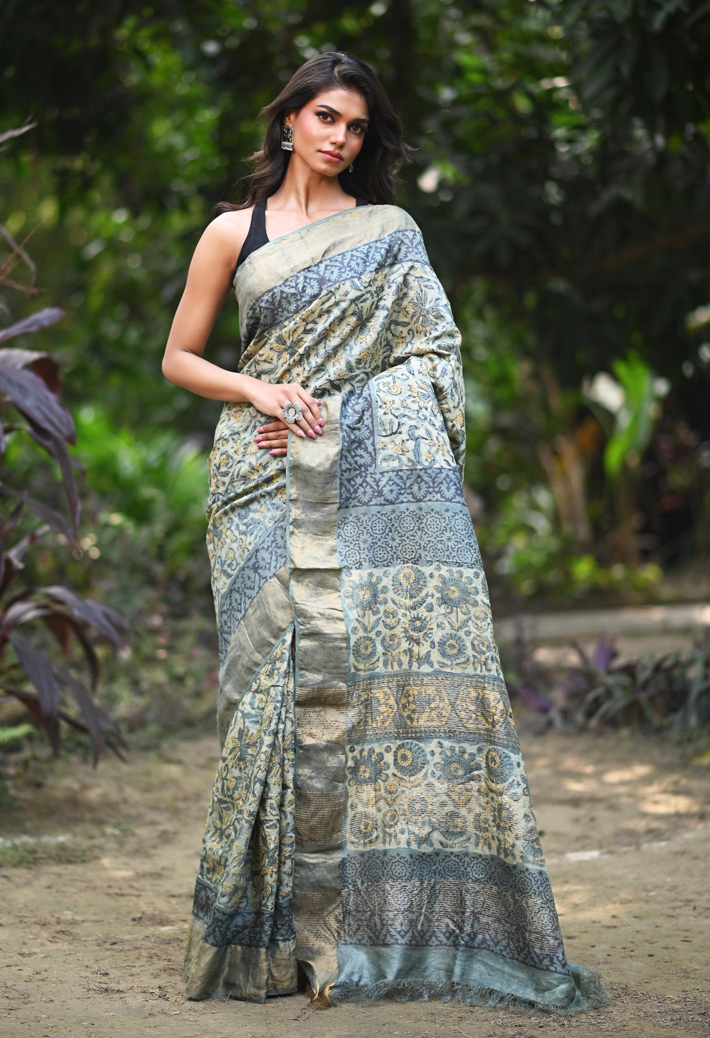 Multi Pure Handloom Vanaspati Block Printed Tussar Silk Saree-UNM81740