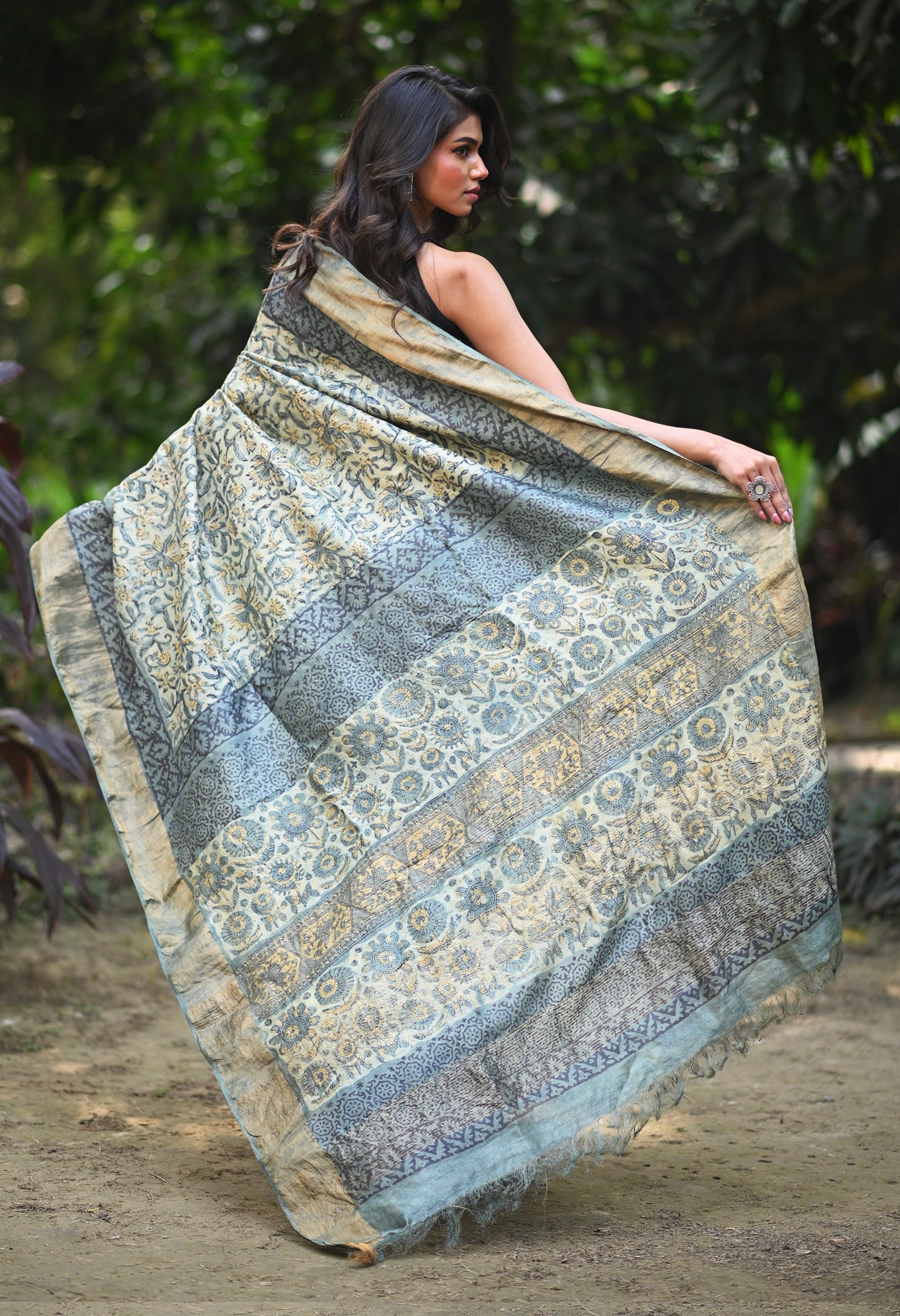 Multi Pure Handloom Vanaspati Block Printed Tussar Silk Saree-UNM81740