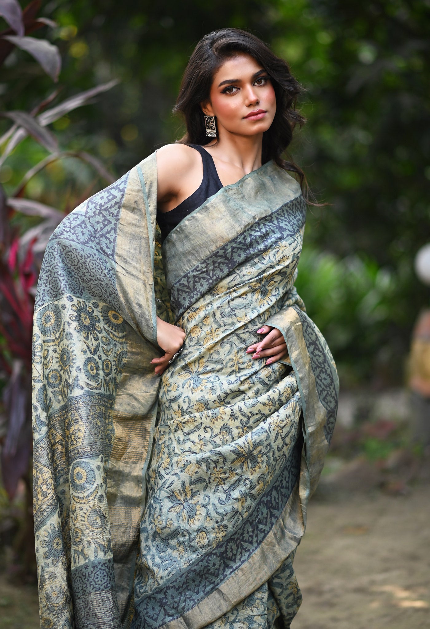 Multi Pure Handloom Vanaspati Block Printed Tussar Silk Saree-UNM81740