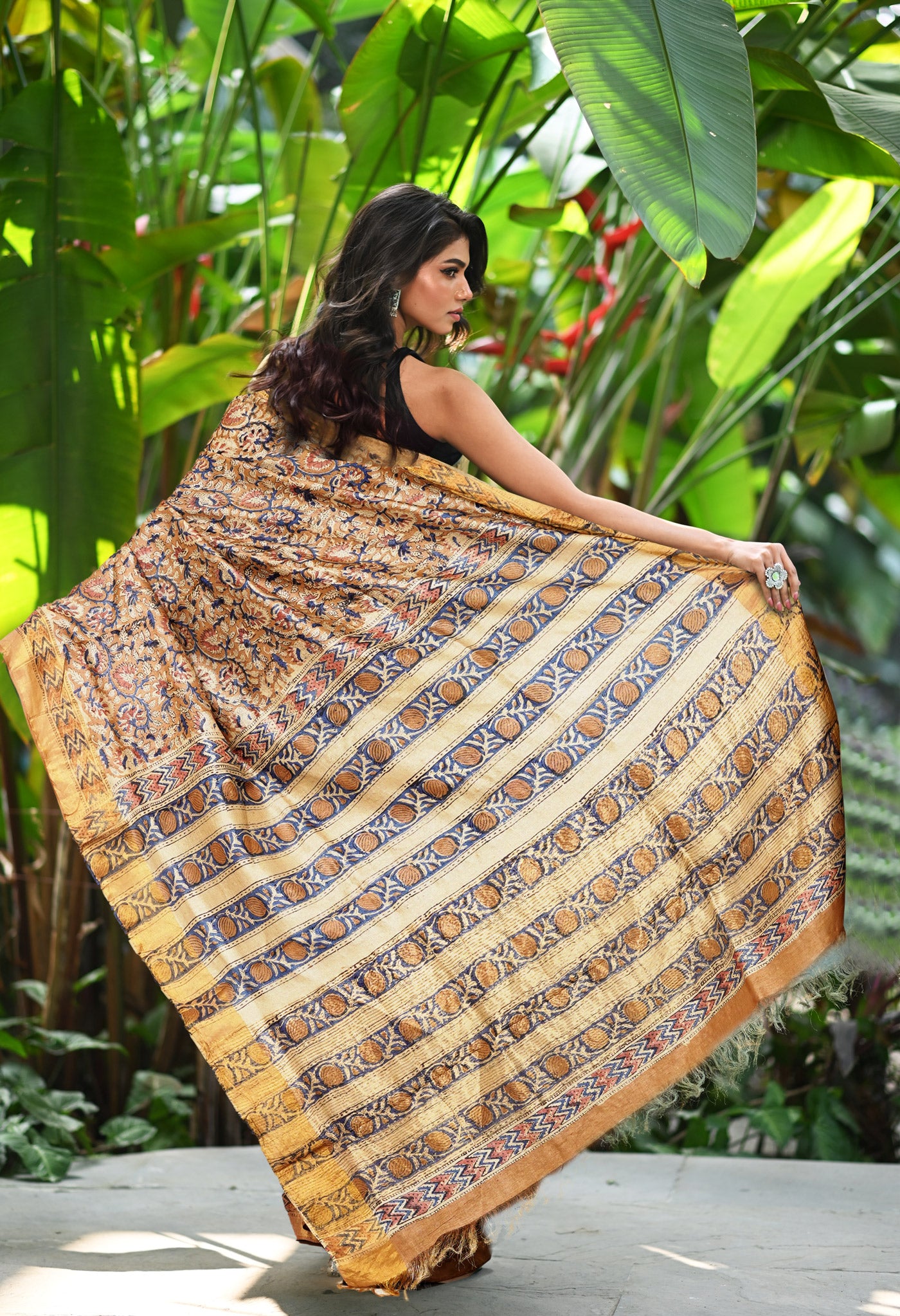 Brown Pure Handloom Block Printed Tussar Silk Saree-UNM81741