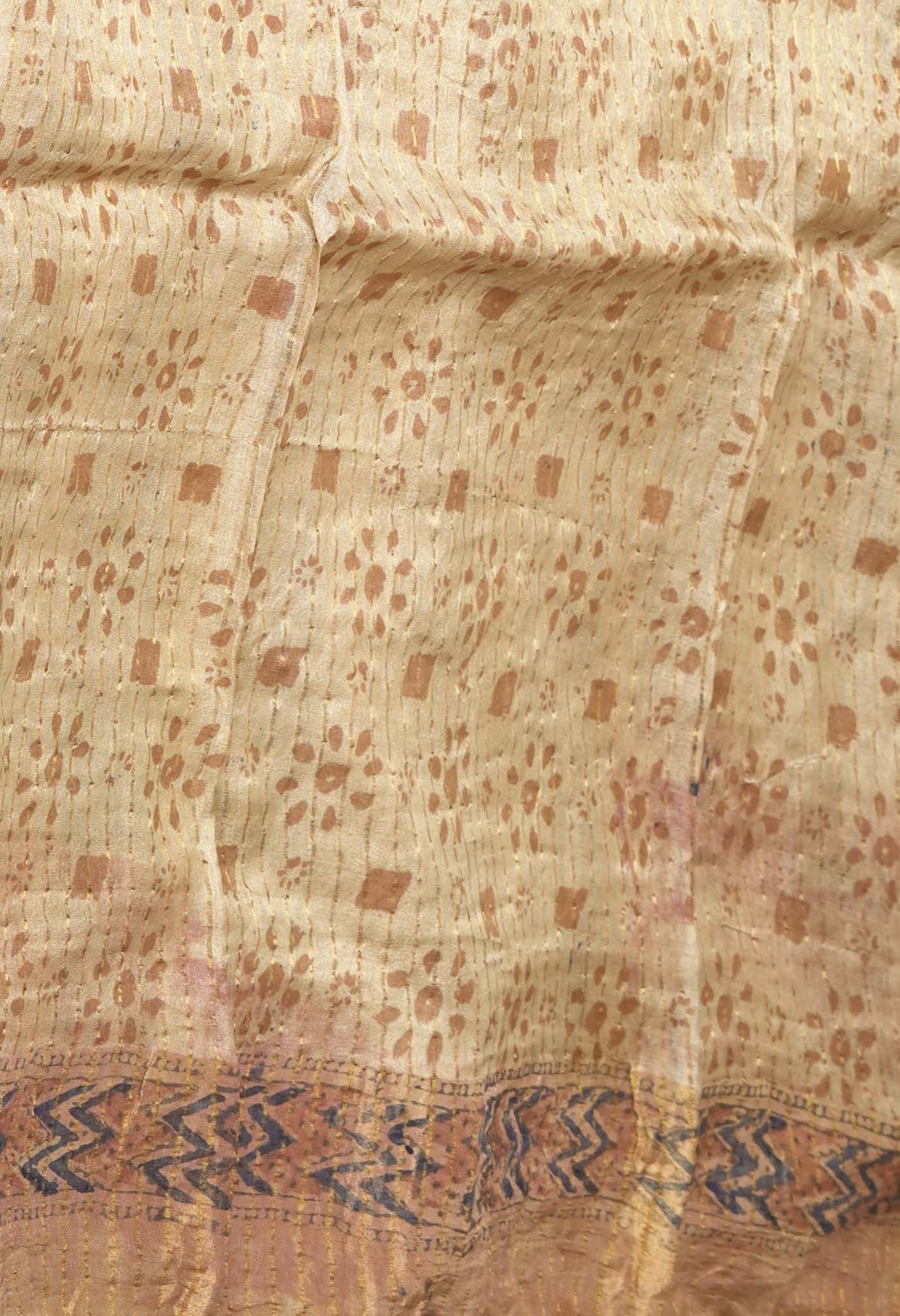 Brown Pure Handloom Block Printed Tussar Silk Saree-UNM81741