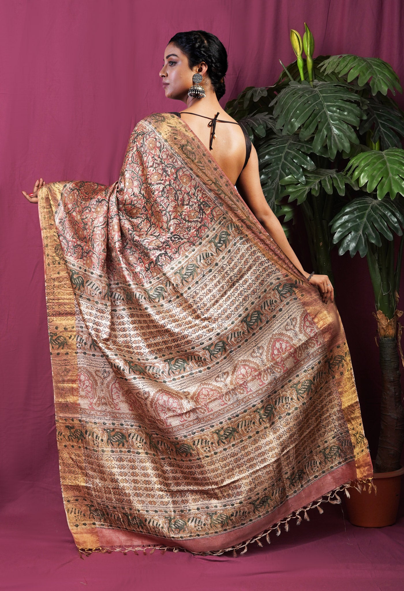 Pink Pure Handloom Block Printed Tussar Silk Saree-UNM81742