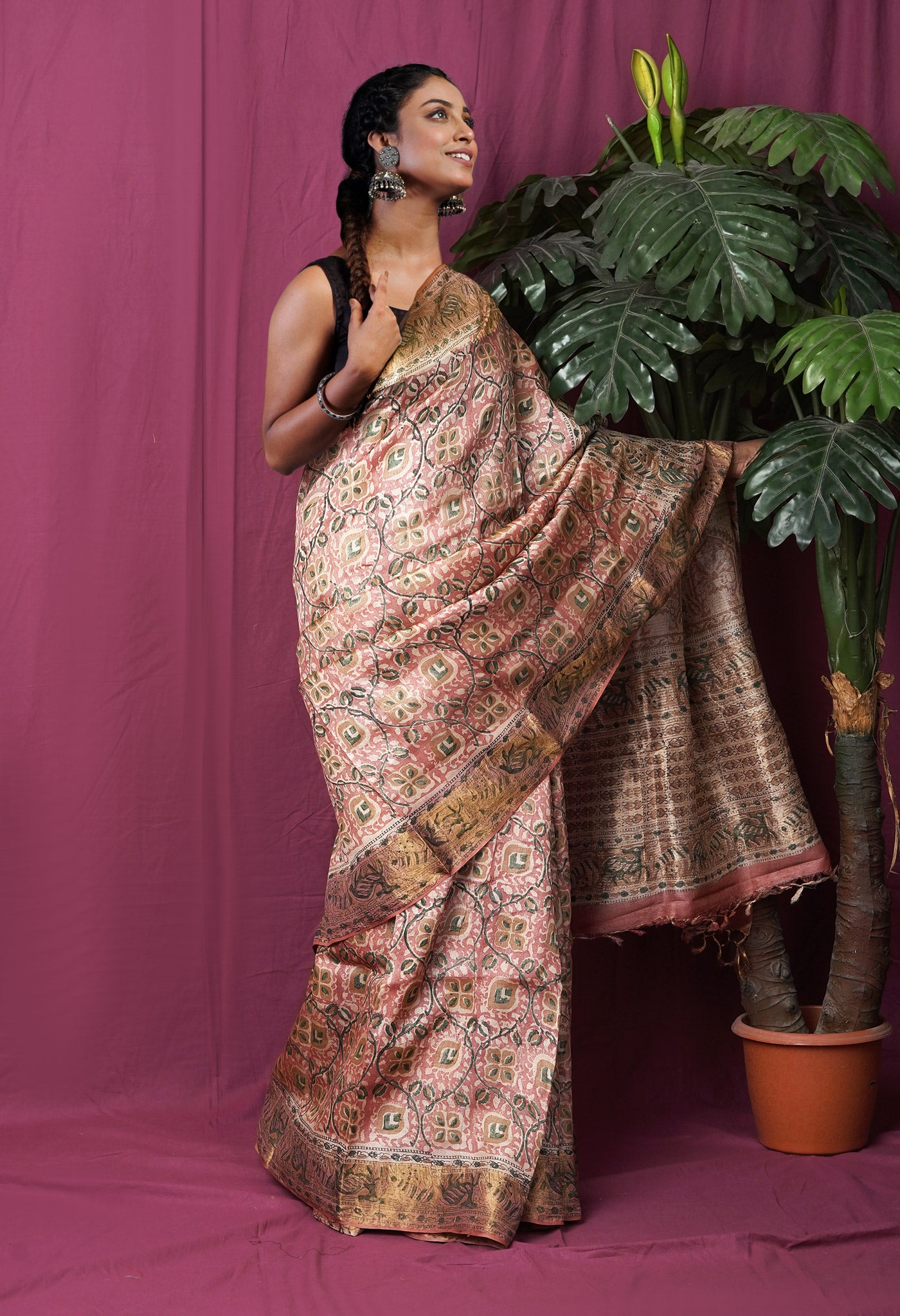 Pink Pure Handloom Block Printed Tussar Silk Saree-UNM81744