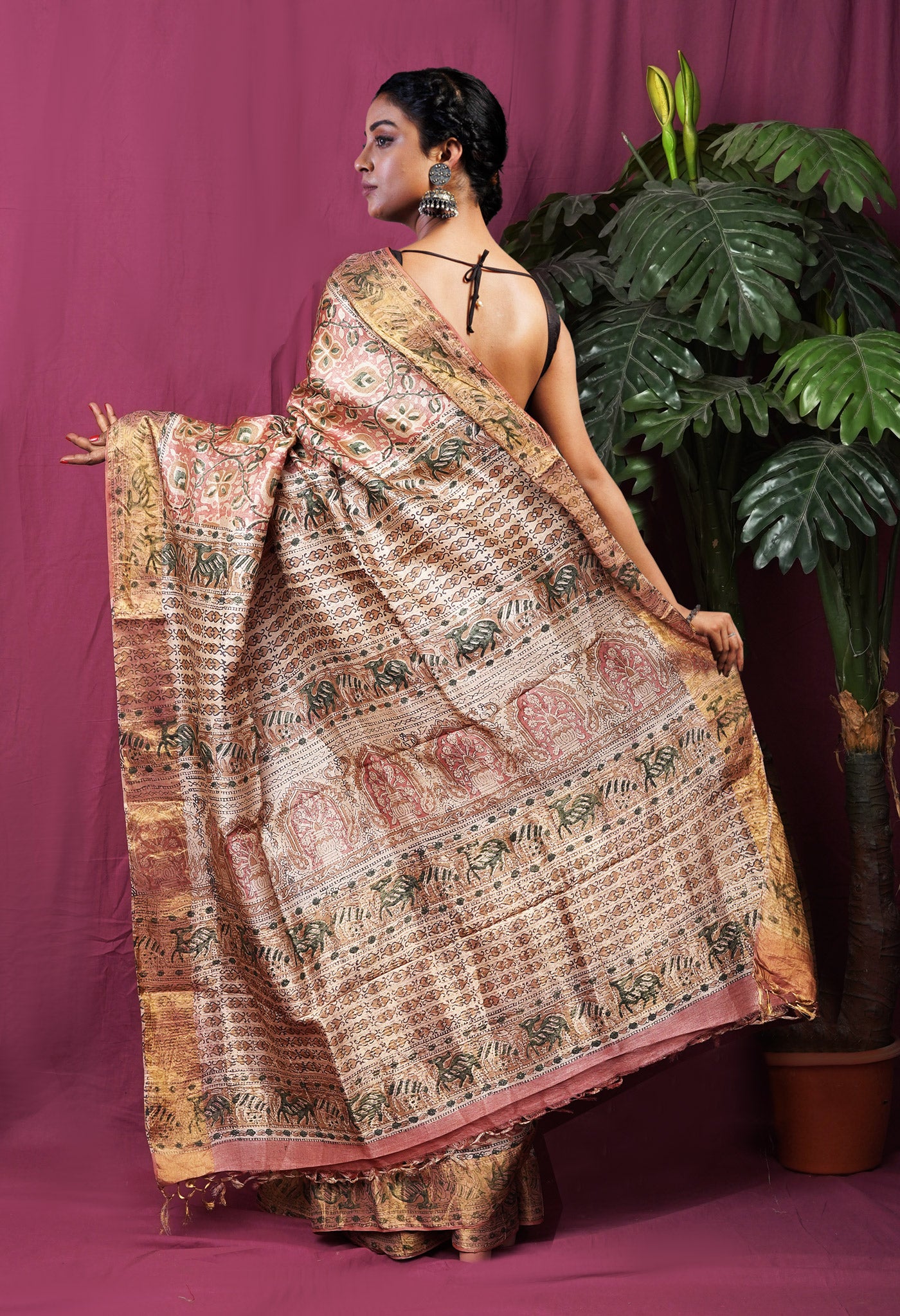 Pink Pure Handloom Block Printed Tussar Silk Saree-UNM81744