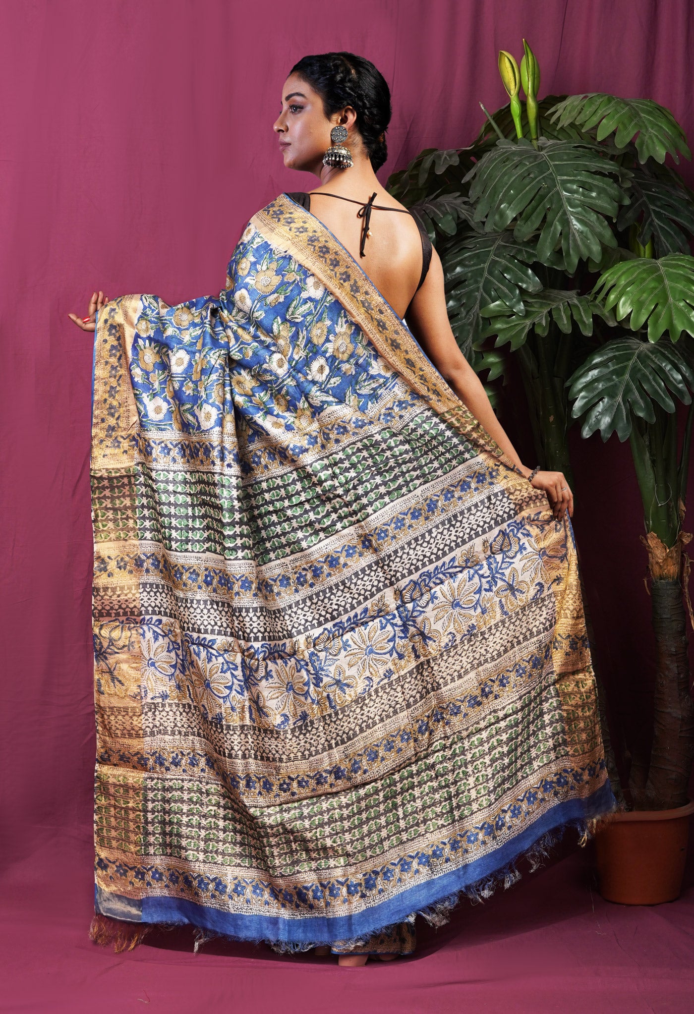 Blue Pure Handloom Block Printed Tussar Silk Saree-UNM81746