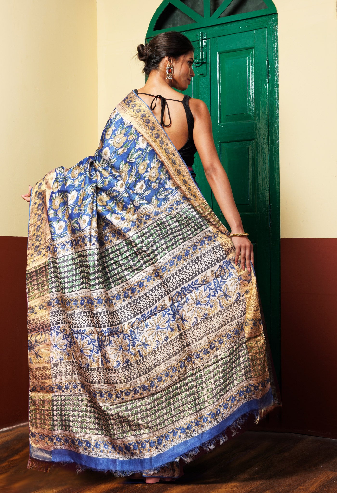 Blue Pure Handloom Block Printed Tussar Silk Saree-UNM81746