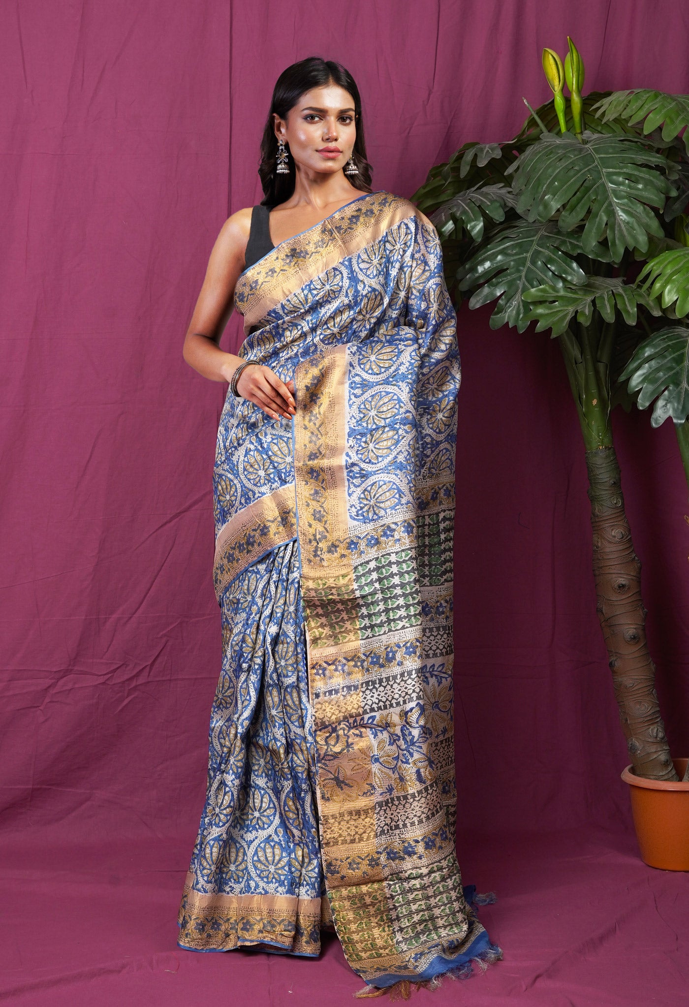 Blue Pure Handloom Block Printed Tussar Silk Saree-UNM81748