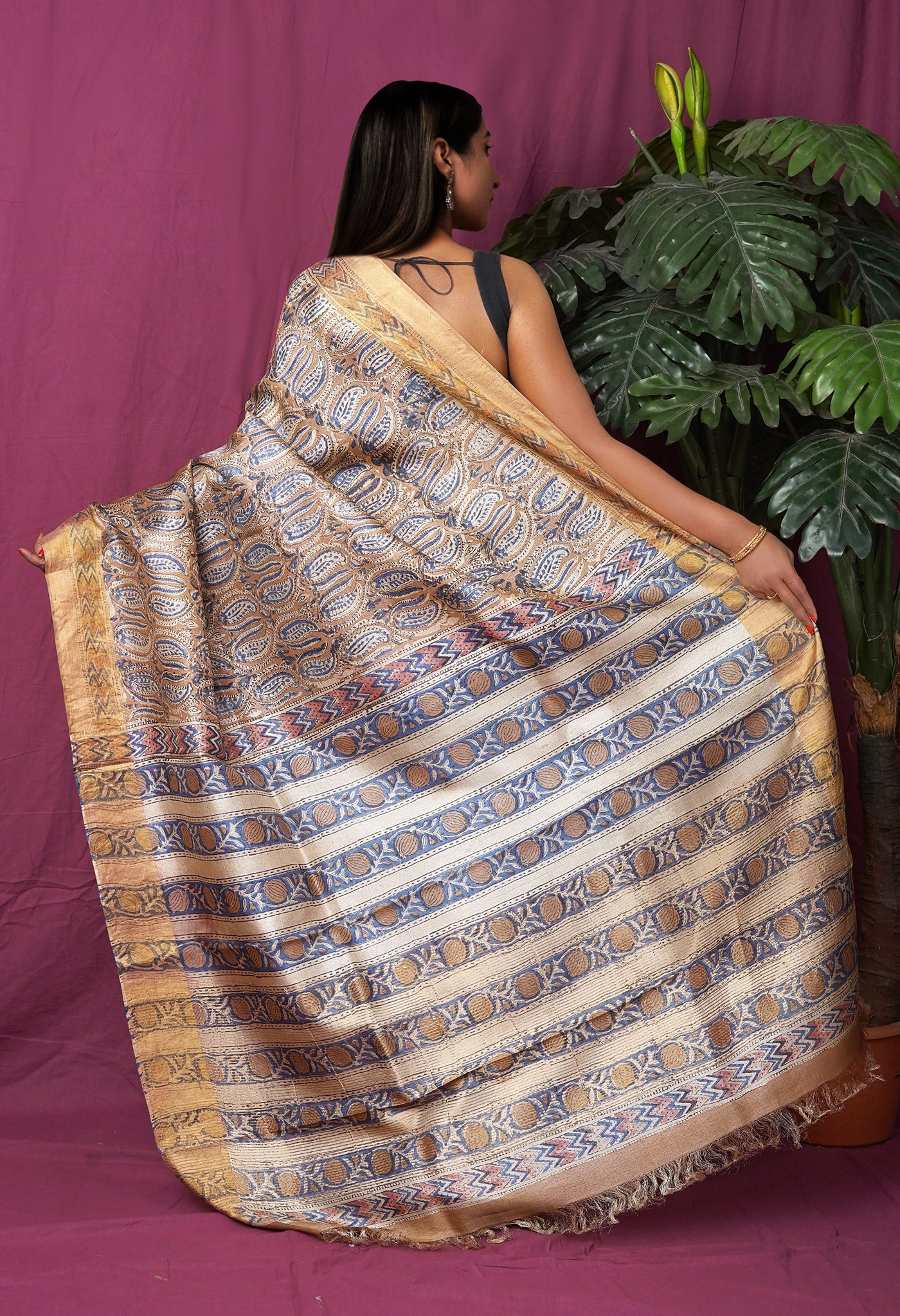 Brown Pure Handloom Block Printed Tussar Silk Saree-UNM81749