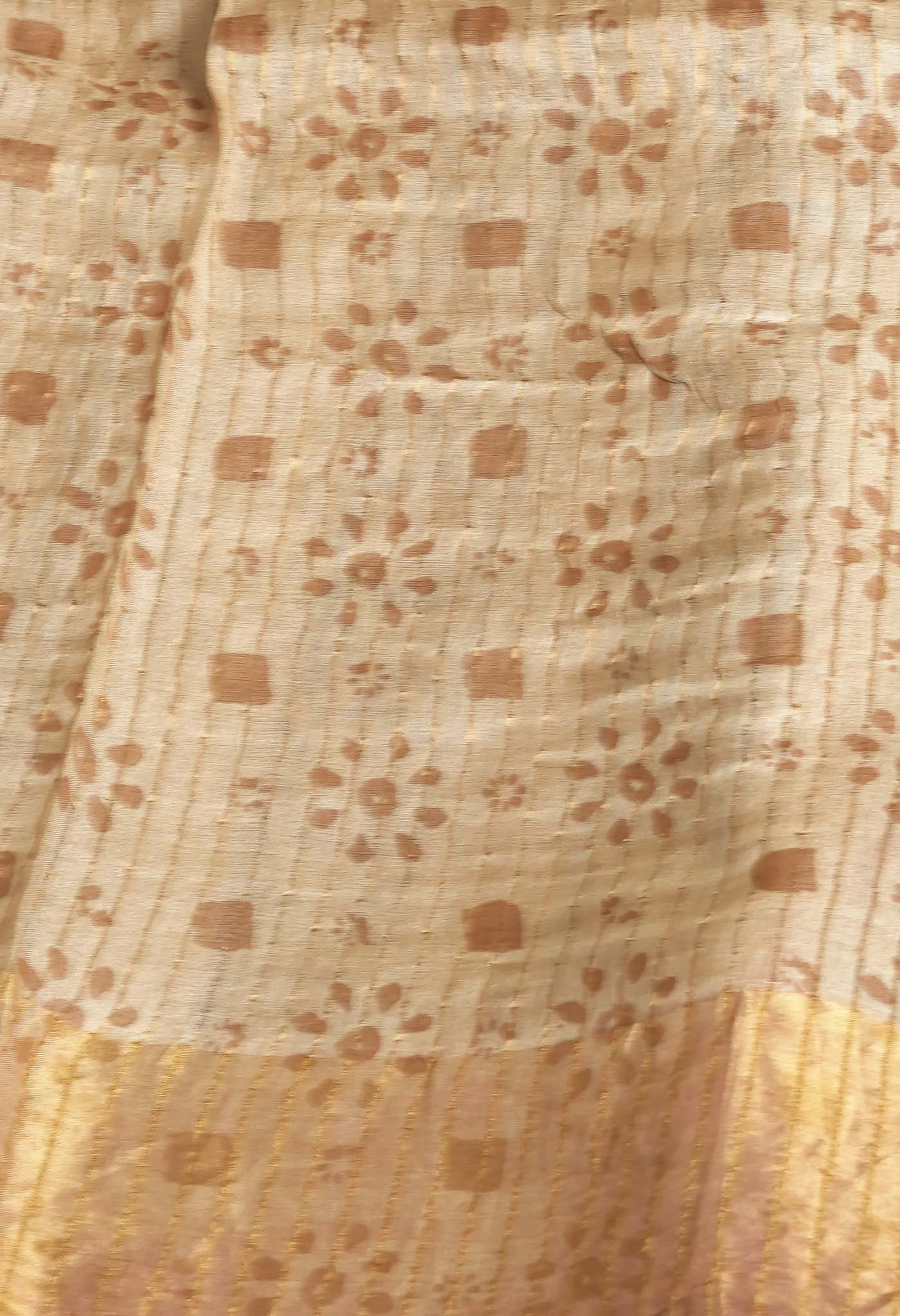 Brown Pure Handloom Block Printed Tussar Silk Saree-UNM81749