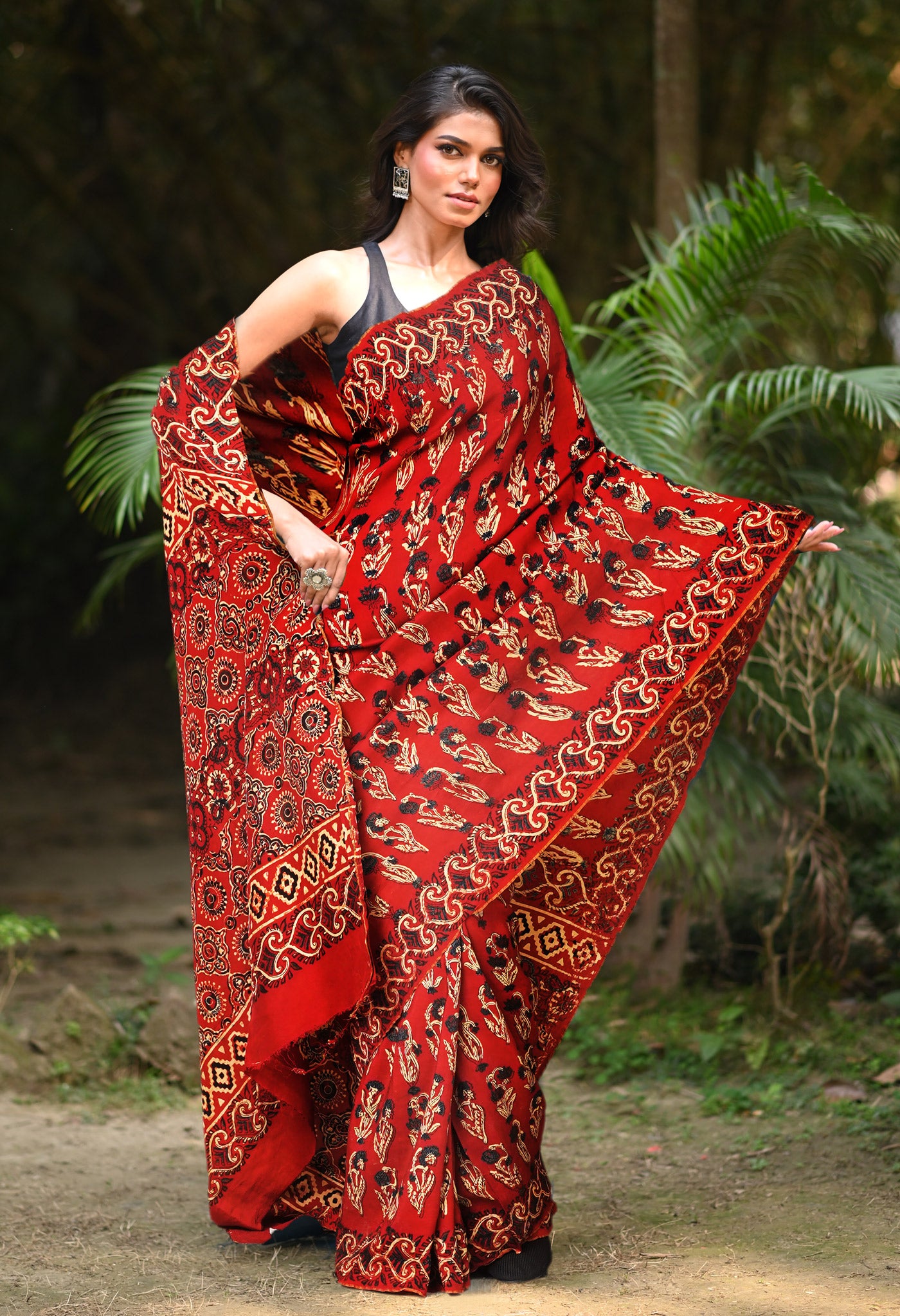 Red Pure Ajrakh Printed Soft Silk Saree-UNM81751