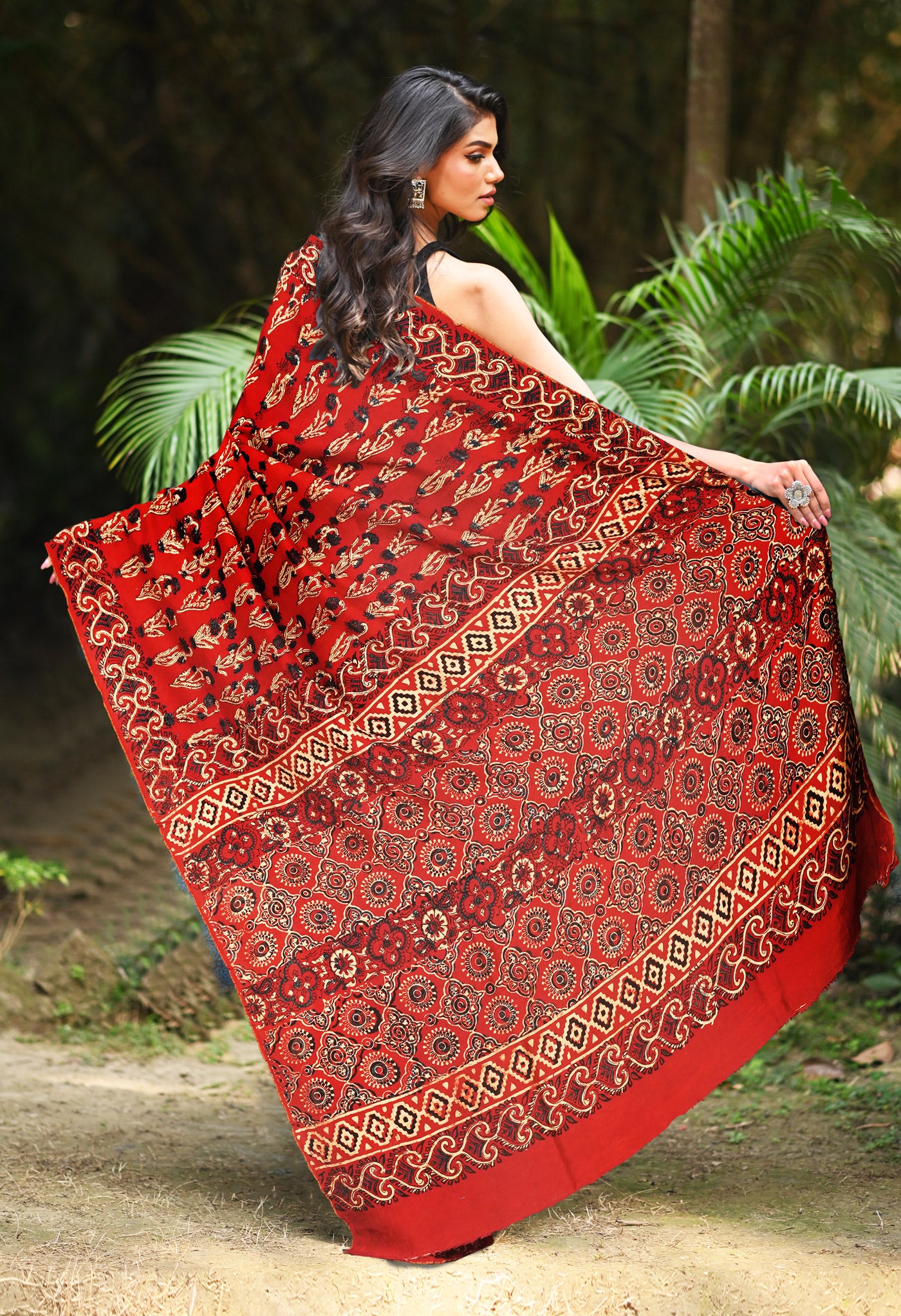 Red Pure Ajrakh Printed Soft Silk Saree-UNM81751