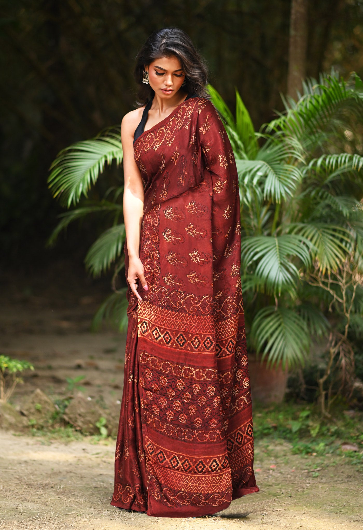 Maroon Pure Ajrakh Printed Soft Silk Saree-UNM81752