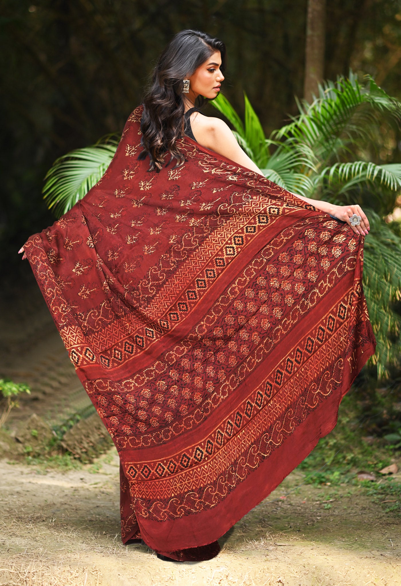 Maroon Pure Ajrakh Printed Soft Silk Saree-UNM81752