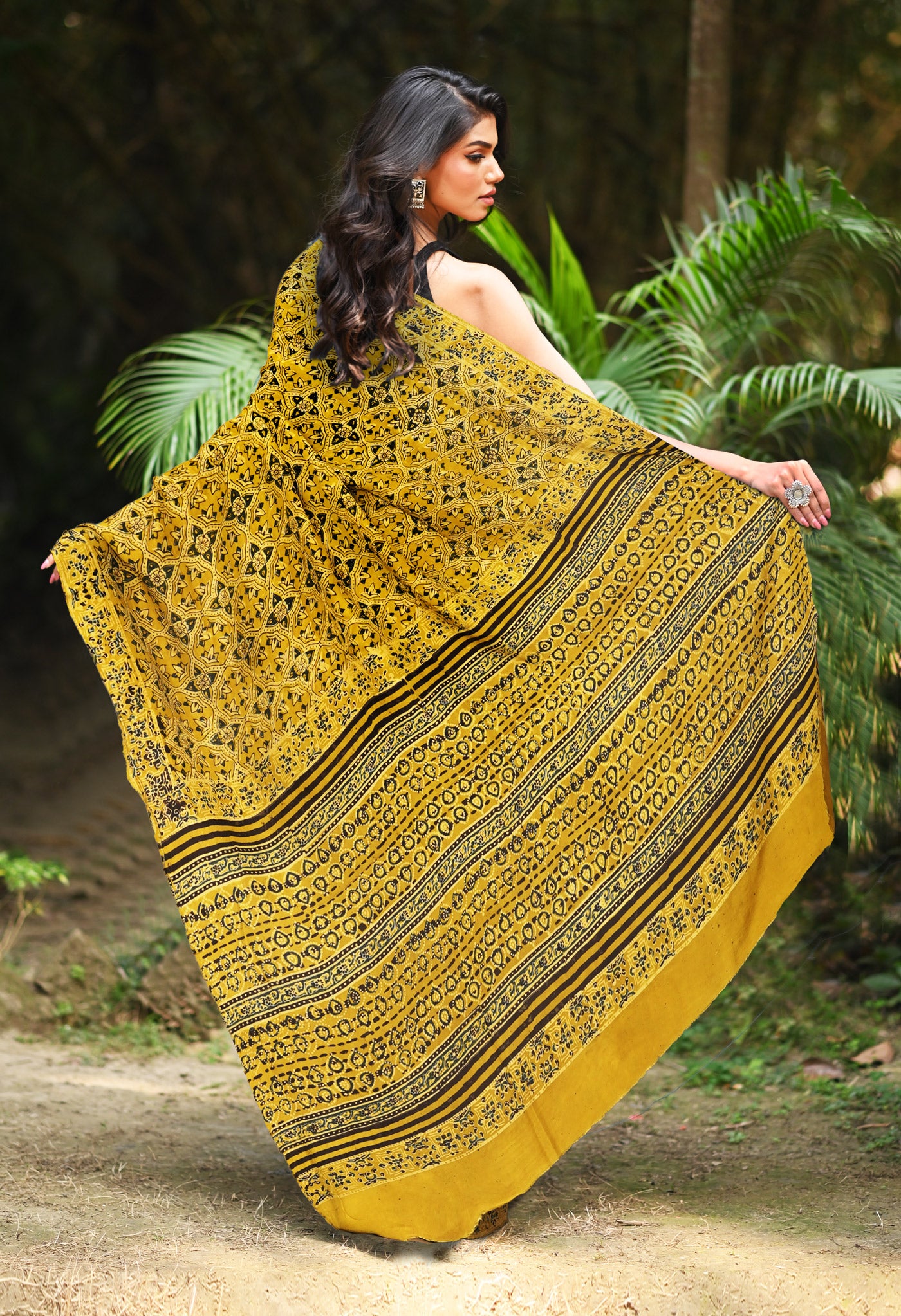 Yellow Pure Ajrakh Printed Soft Silk Saree-UNM81753