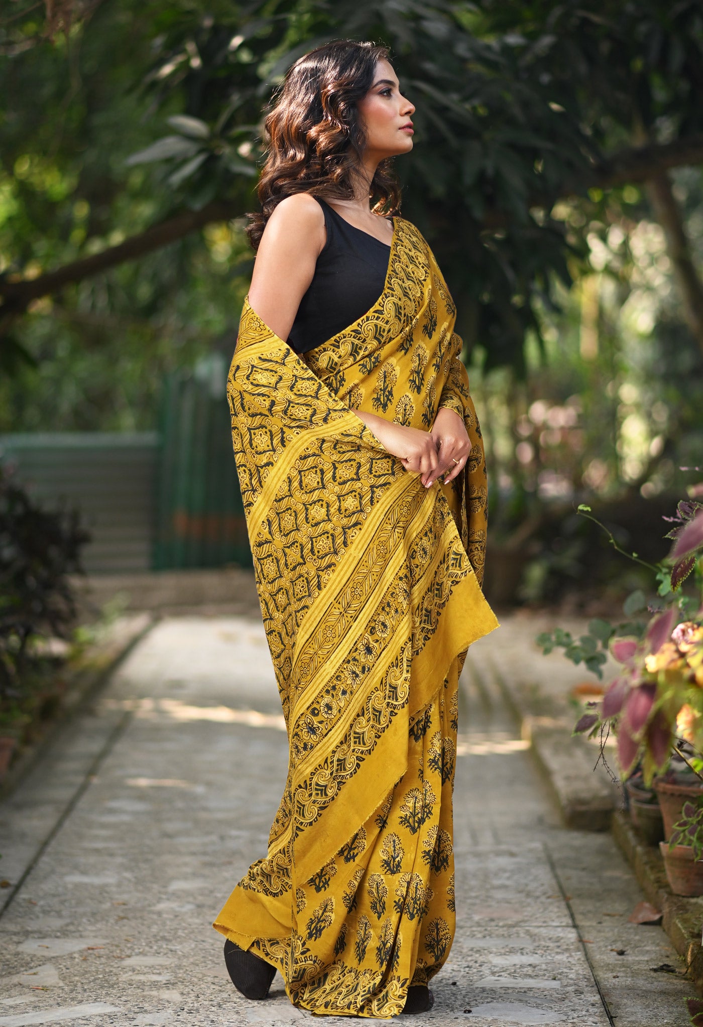 Yellow Pure Ajrakh Printed Soft Silk Saree-UNM81754