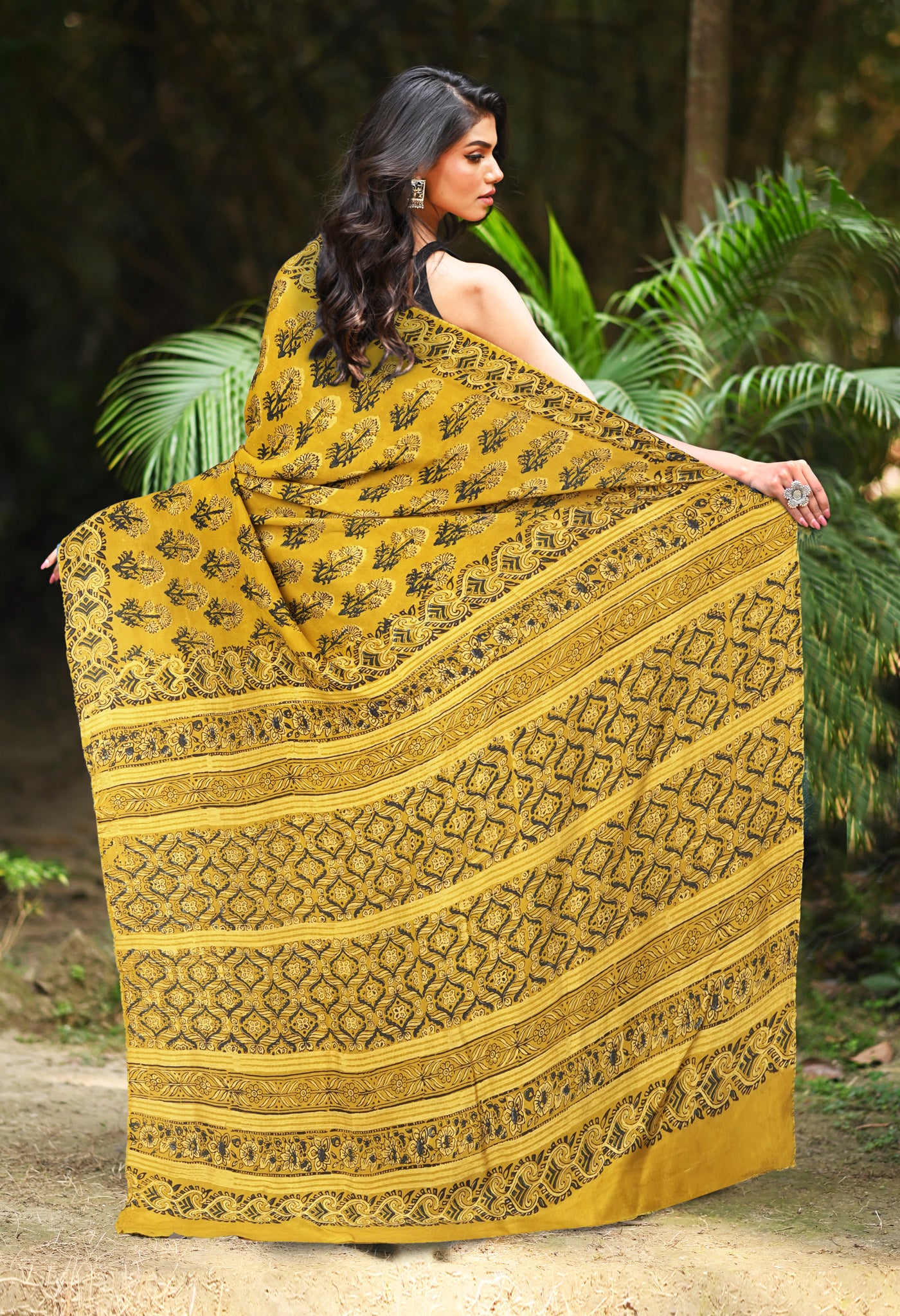 Yellow Pure Ajrakh Printed Soft Silk Saree-UNM81754