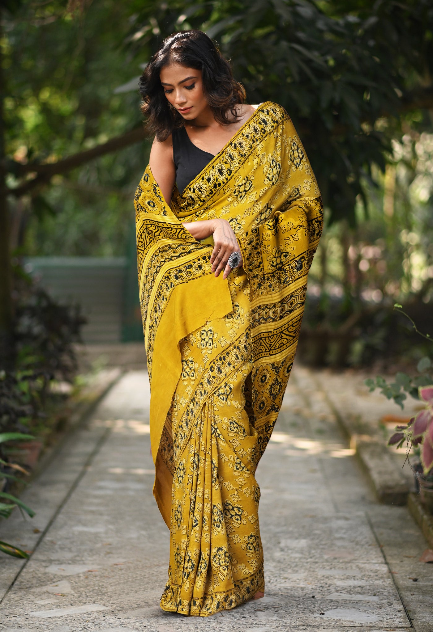 Yellow Pure Ajrakh Printed Soft Silk Saree-UNM81755