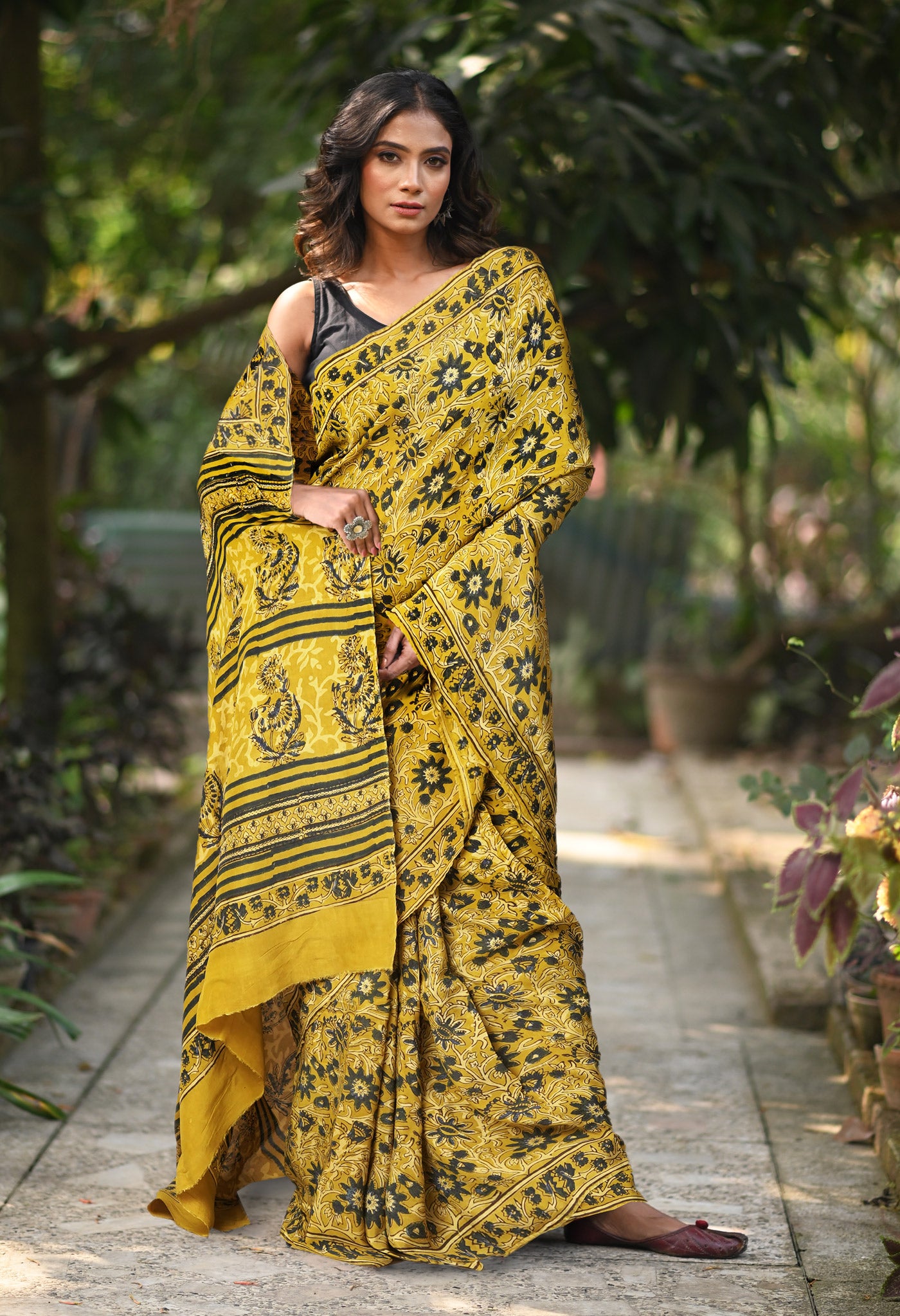 Yellow Pure Ajrakh Printed Soft Silk Saree-UNM81756