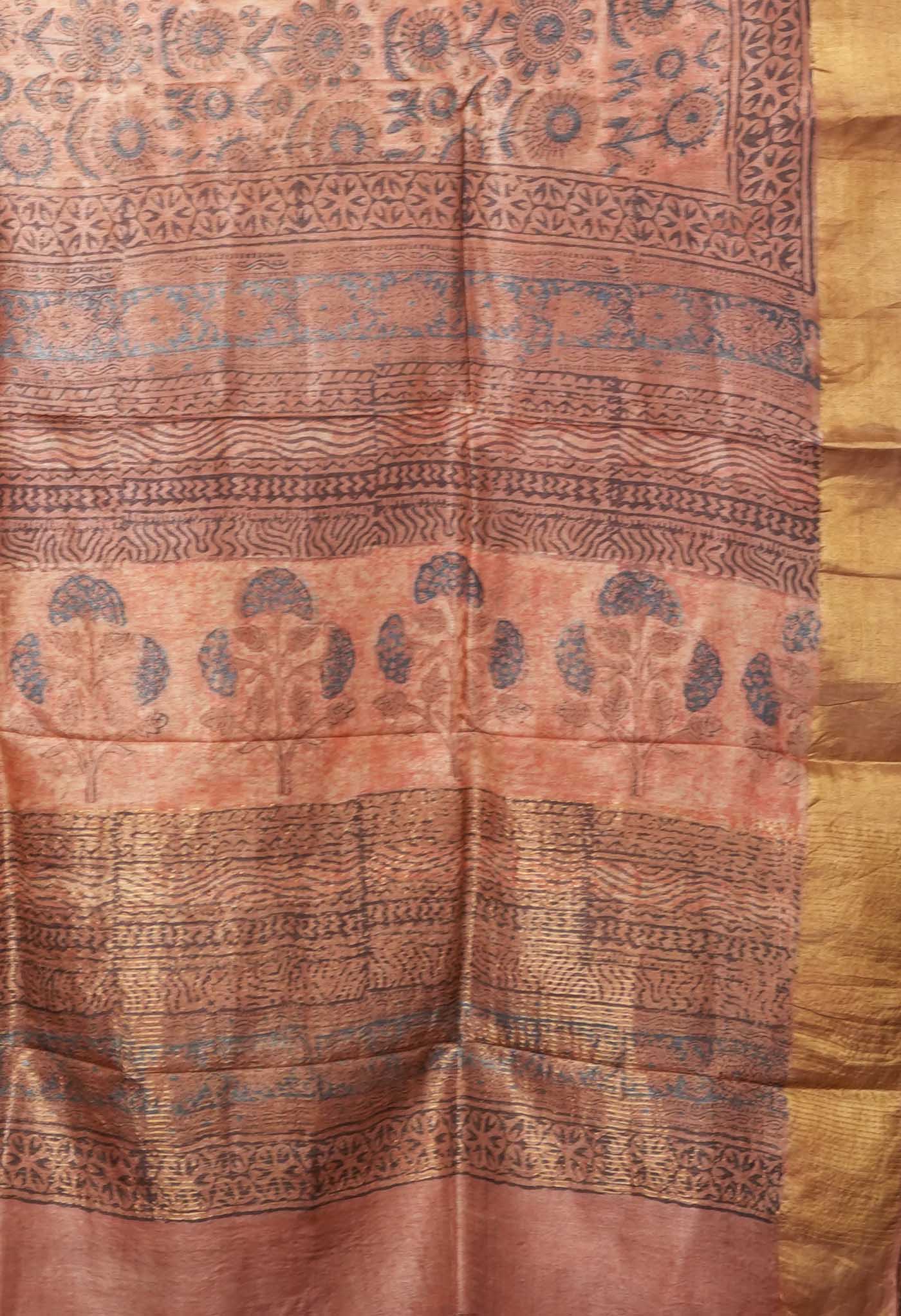 Peach Orange Pure Handloom Vanaspati Block Printed Tussar Silk Saree-UNM81761