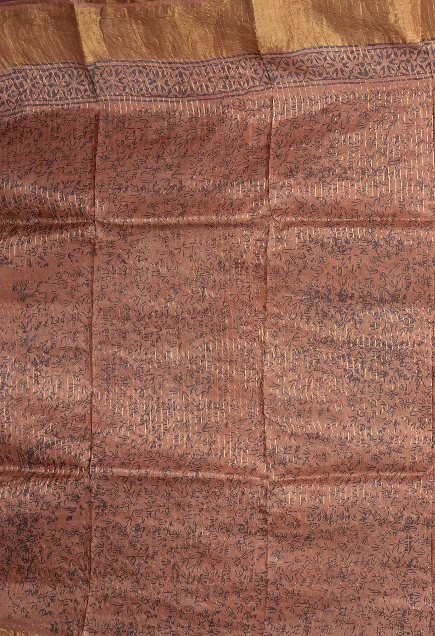 Peach Orange Pure Handloom Vanaspati Block Printed Tussar Silk Saree-UNM81761