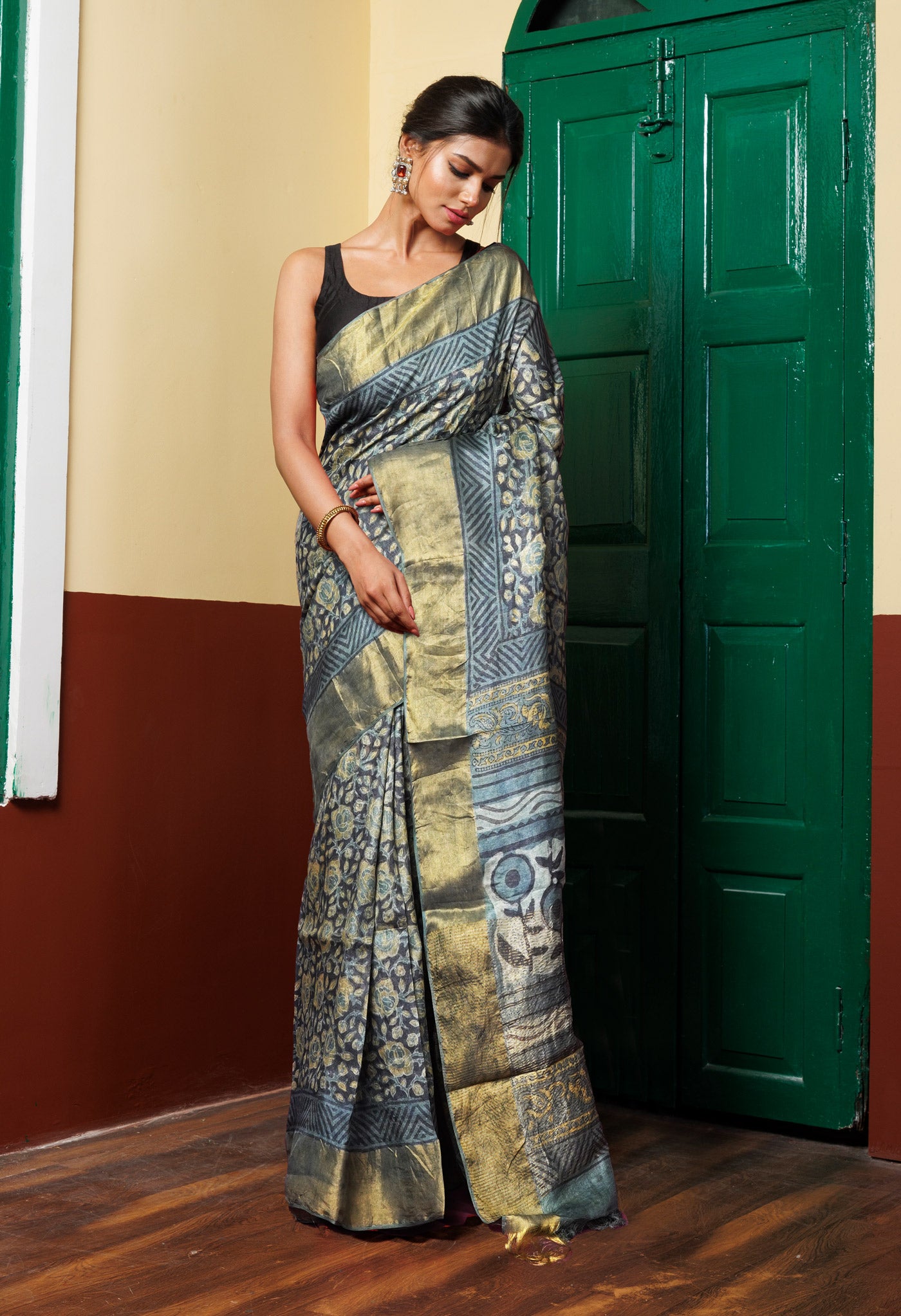 Dark Grey Pure Handloom Vanaspati Block Printed Tussar Silk Saree-UNM81762