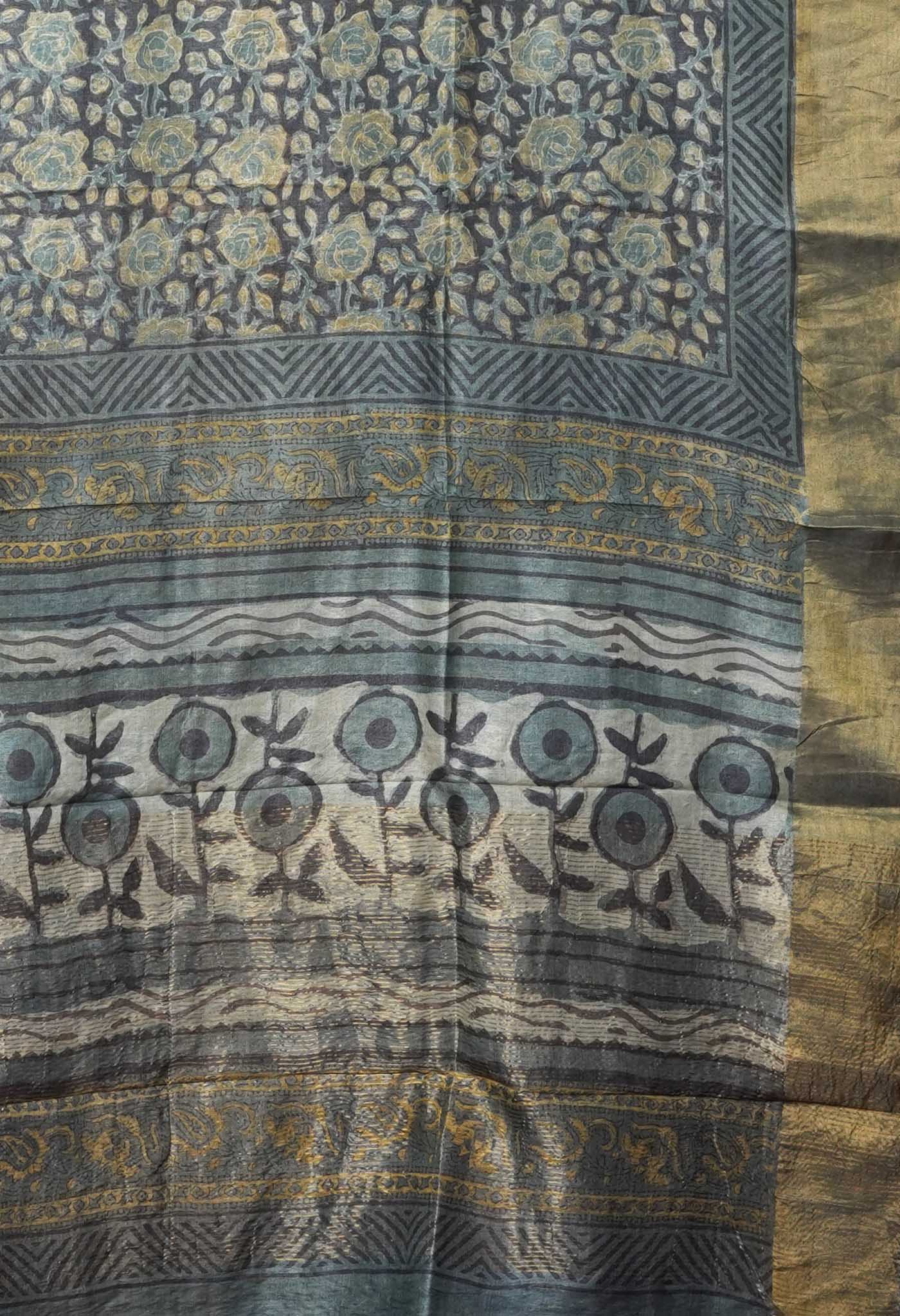 Dark Grey Pure Handloom Vanaspati Block Printed Tussar Silk Saree-UNM81762