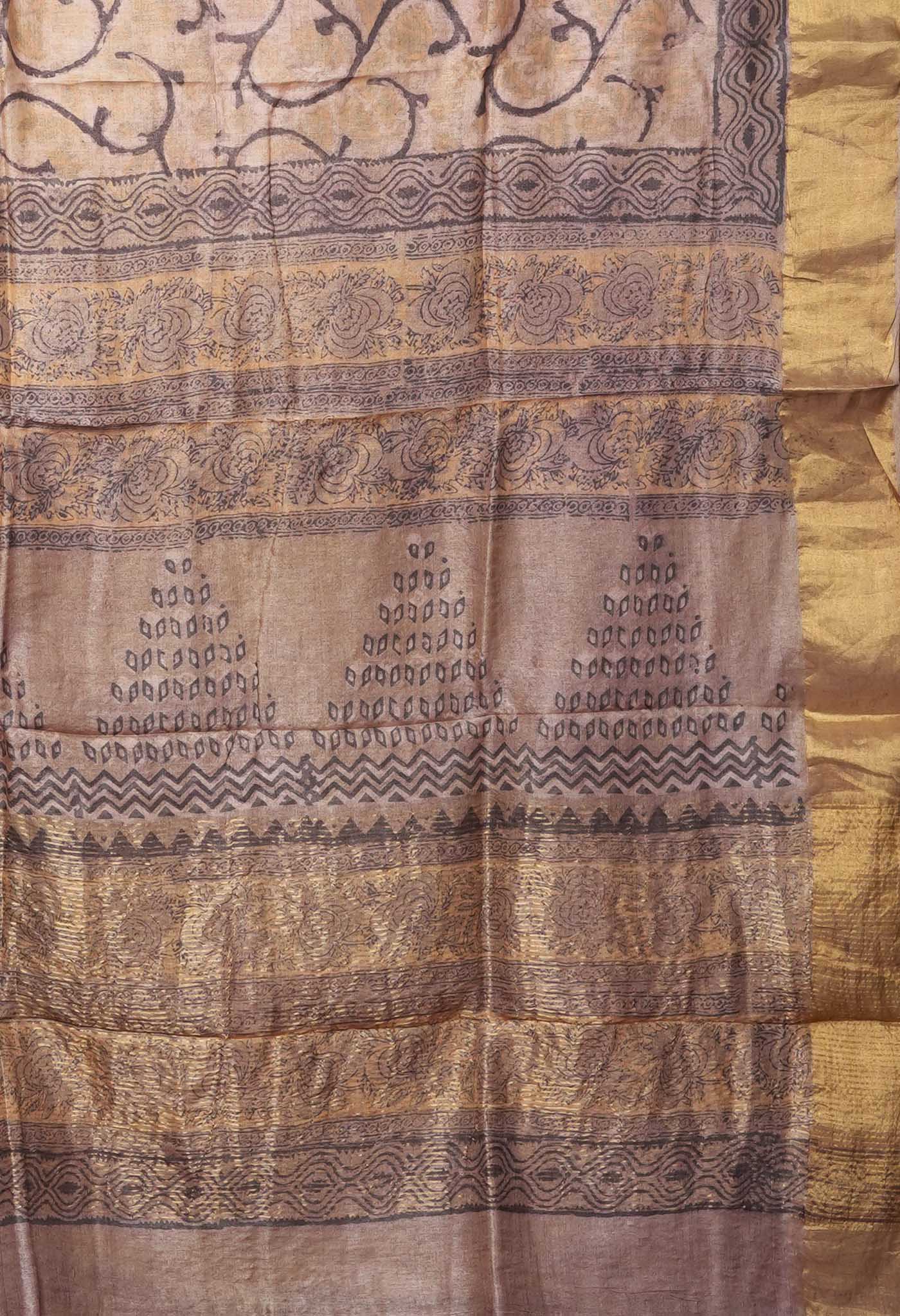 Beige Pure Handloom Vanaspati Block Printed Tussar Silk Saree-UNM81763