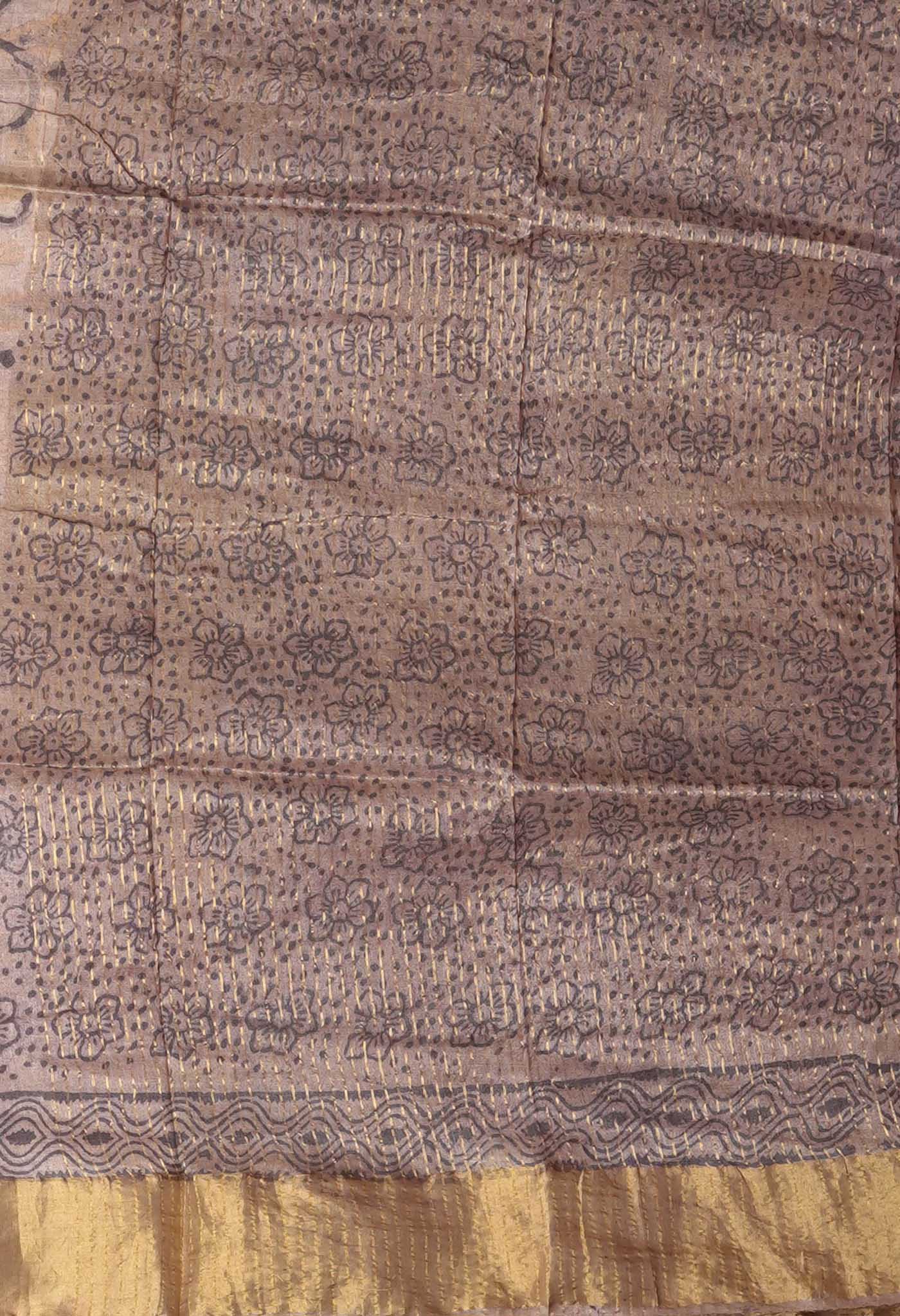 Beige Pure Handloom Vanaspati Block Printed Tussar Silk Saree-UNM81763