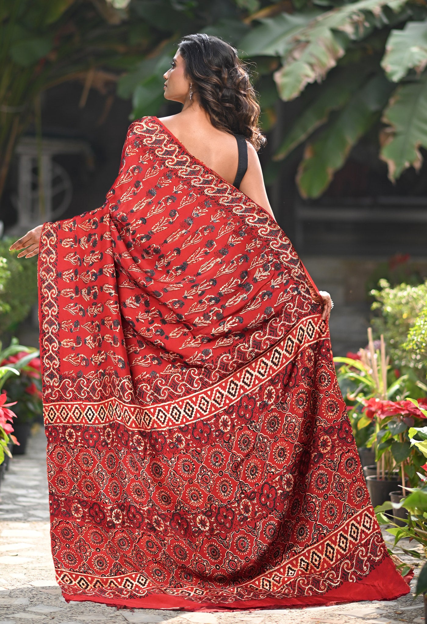 Red Pure Ajrakh Printed Soft Silk Saree-UNM81764