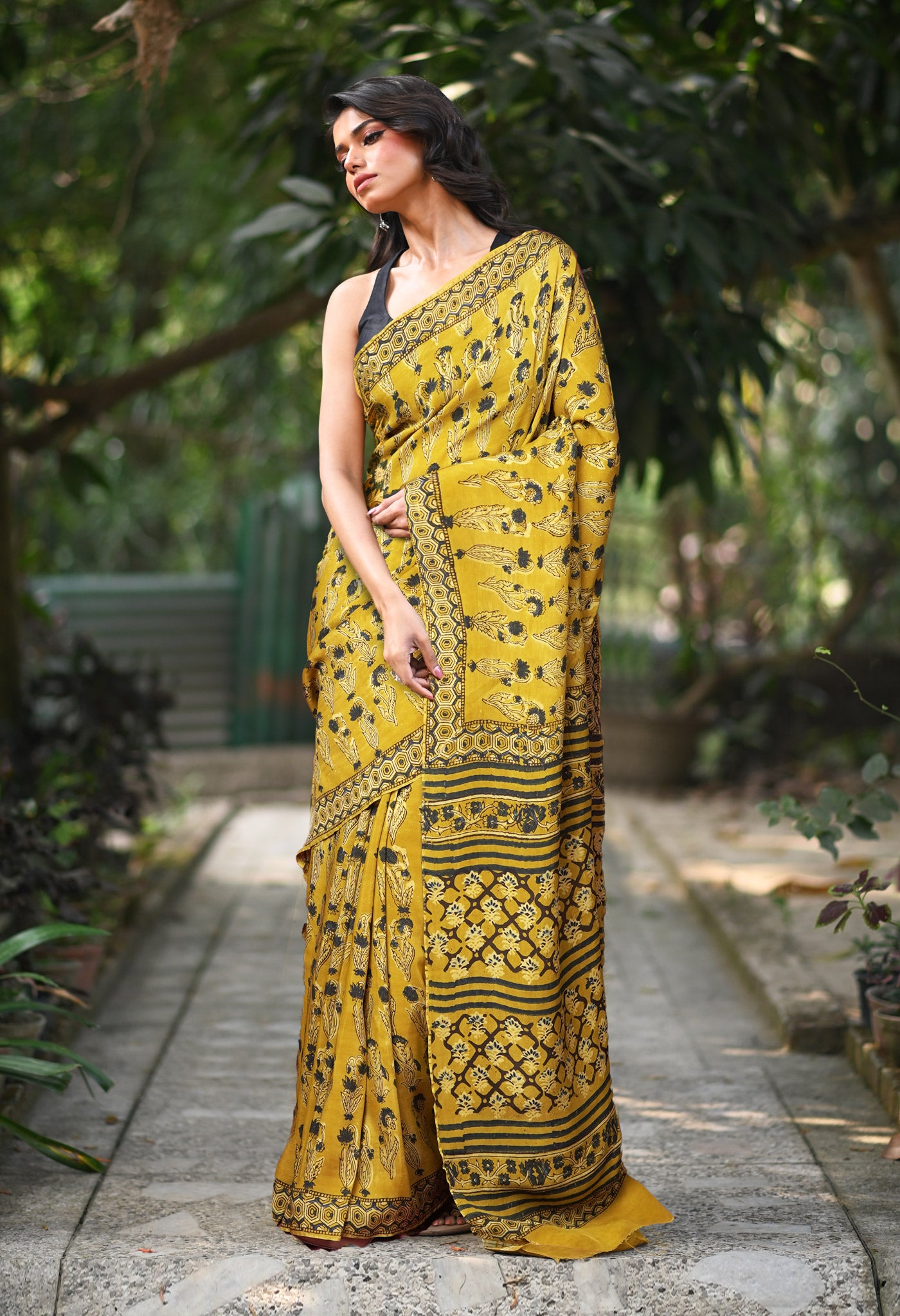 Yellow Pure Ajrakh Printed Soft Silk Saree-UNM81765