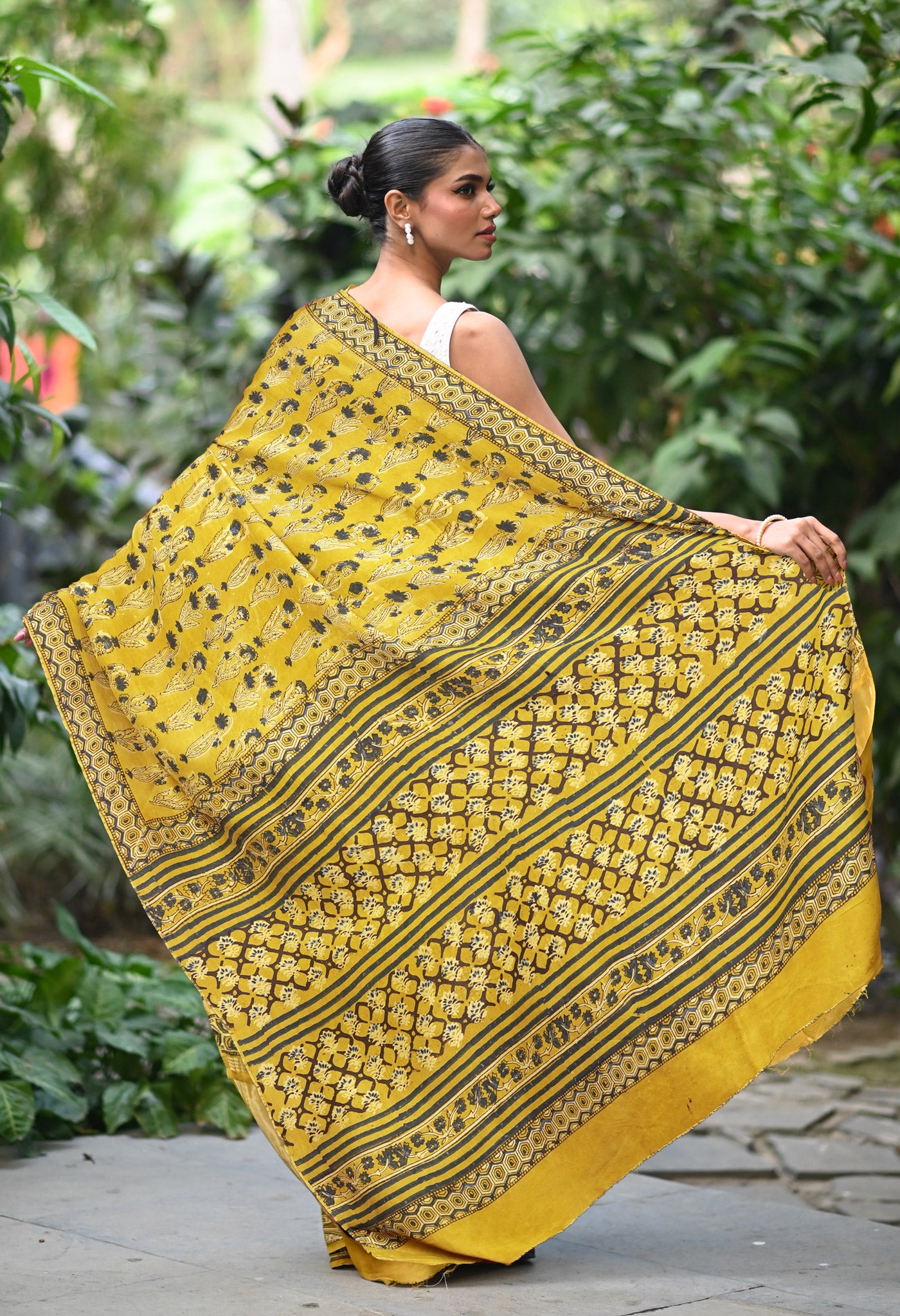 Yellow Pure Ajrakh Printed Soft Silk Saree-UNM81765