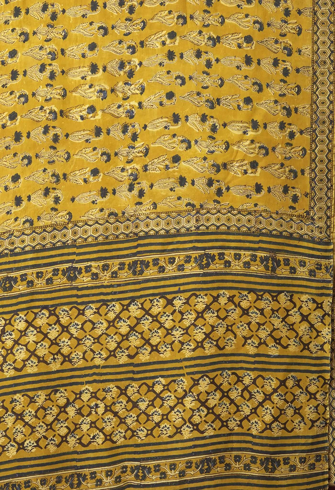 Yellow Pure Ajrakh Printed Soft Silk Saree-UNM81765