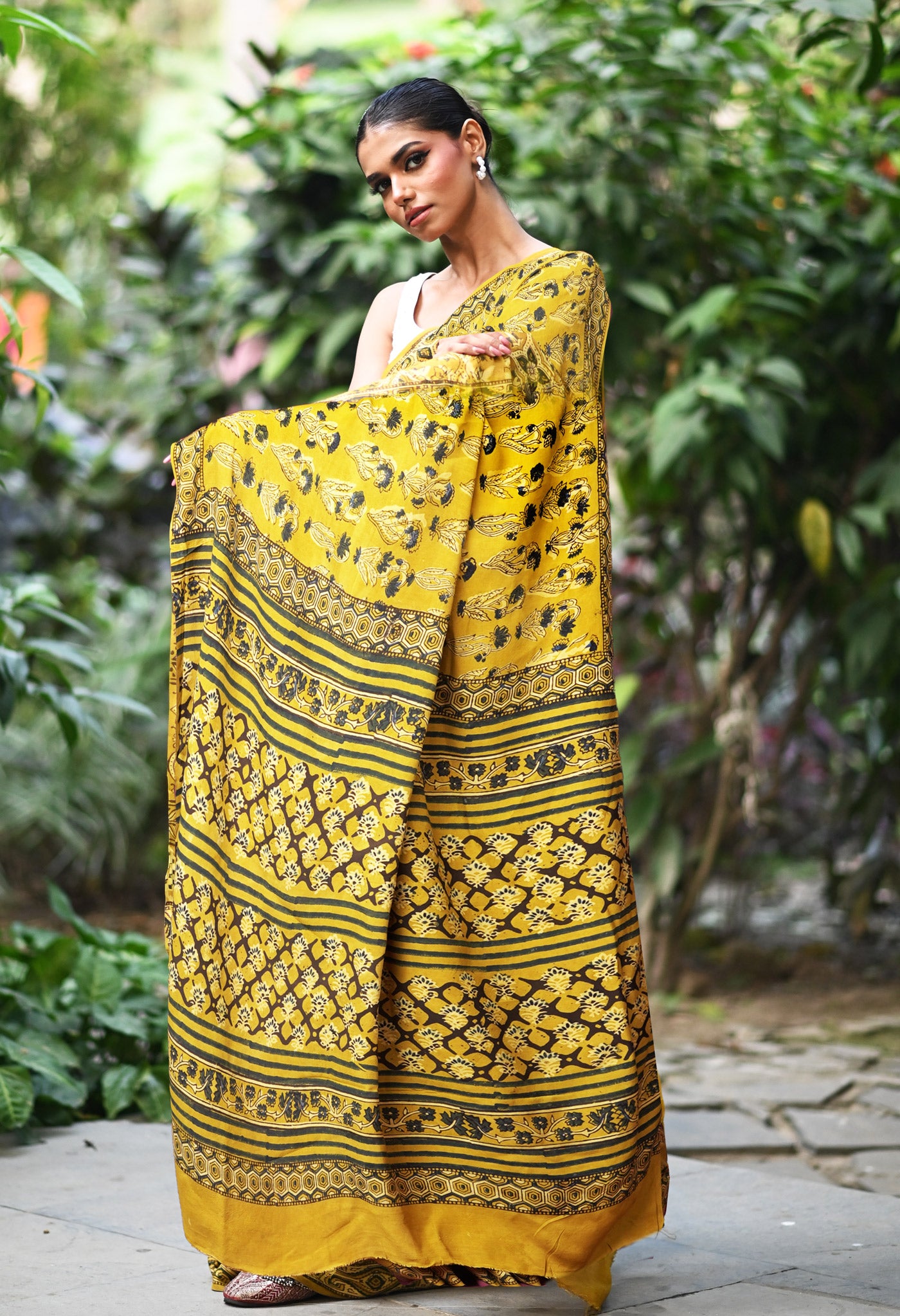 Yellow Pure Ajrakh Printed Soft Silk Saree-UNM81767