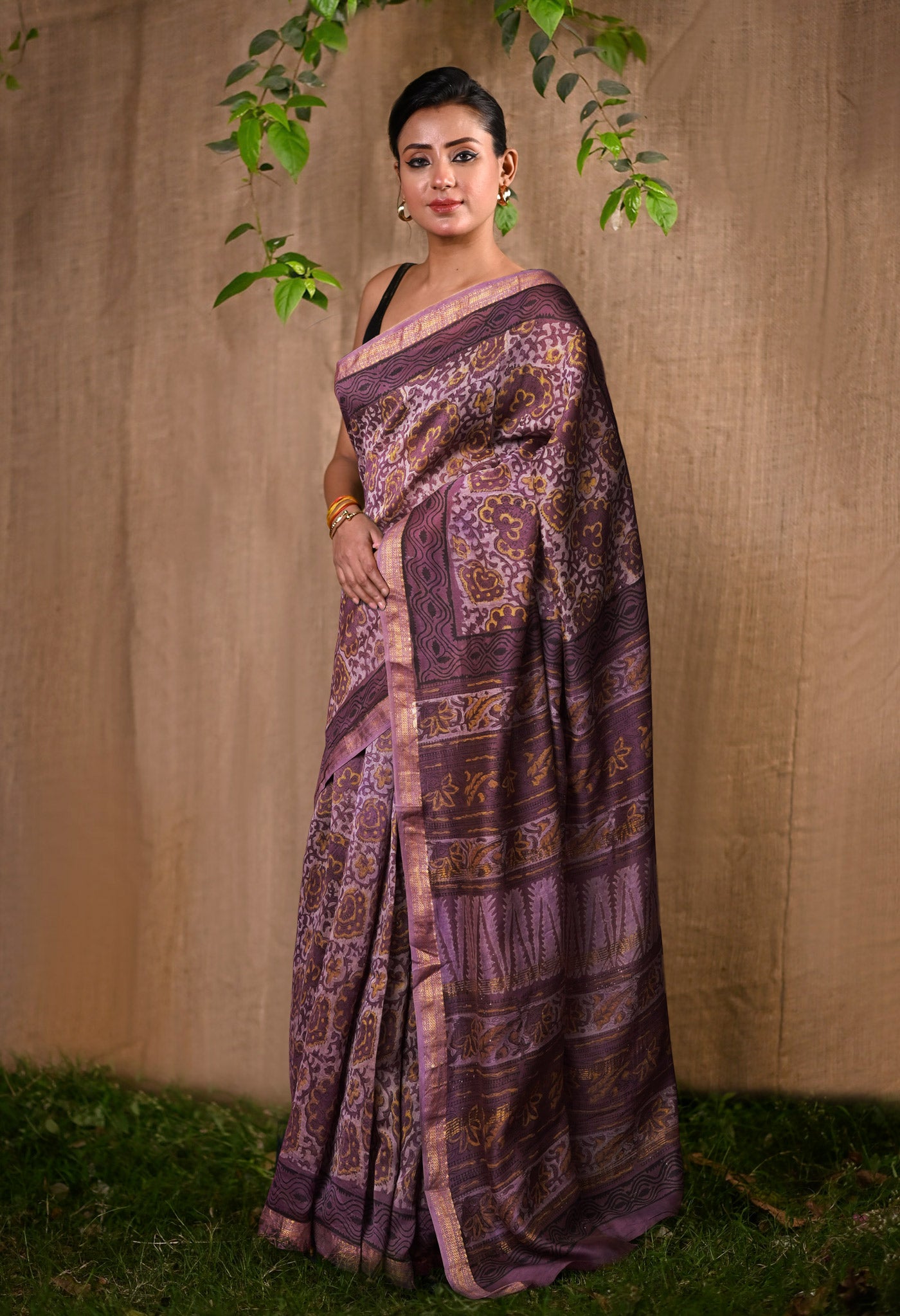 Violet Pure Vanaspathi Block Printed Maheshwari Sico Saree-UNM81771