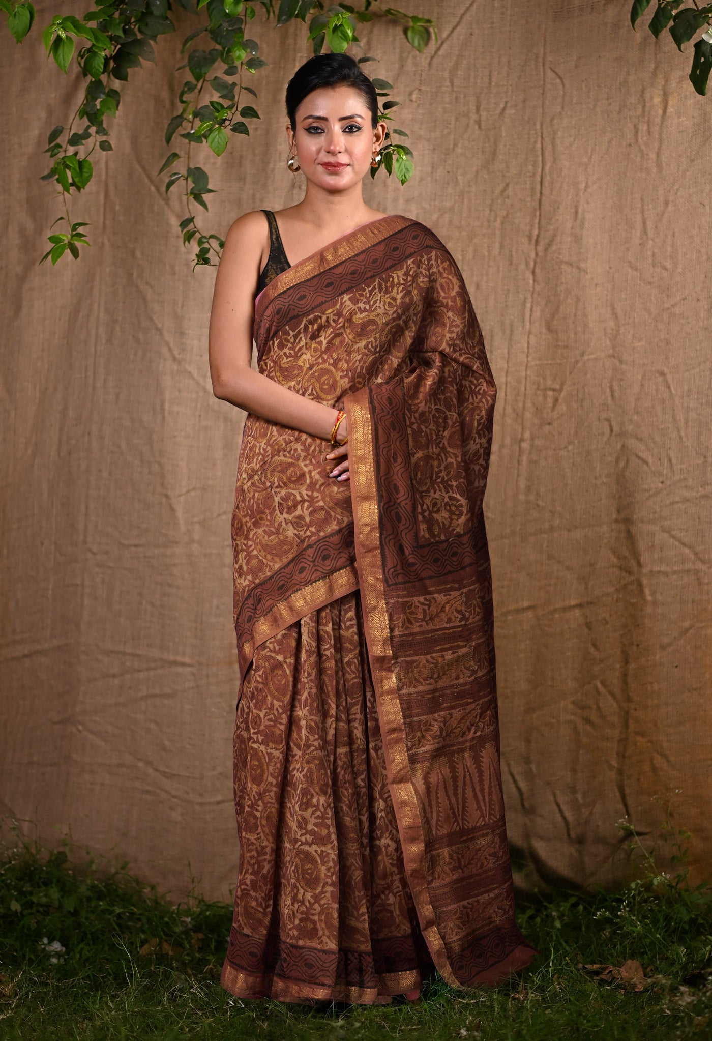 Brown Pure Vanaspathi Block Printed Maheshwari Sico Saree-UNM81772